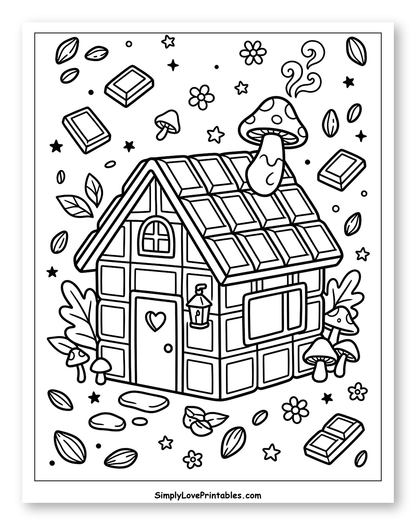 Whimsical Chocolate House and Forest Friends Coloring Page for Adults