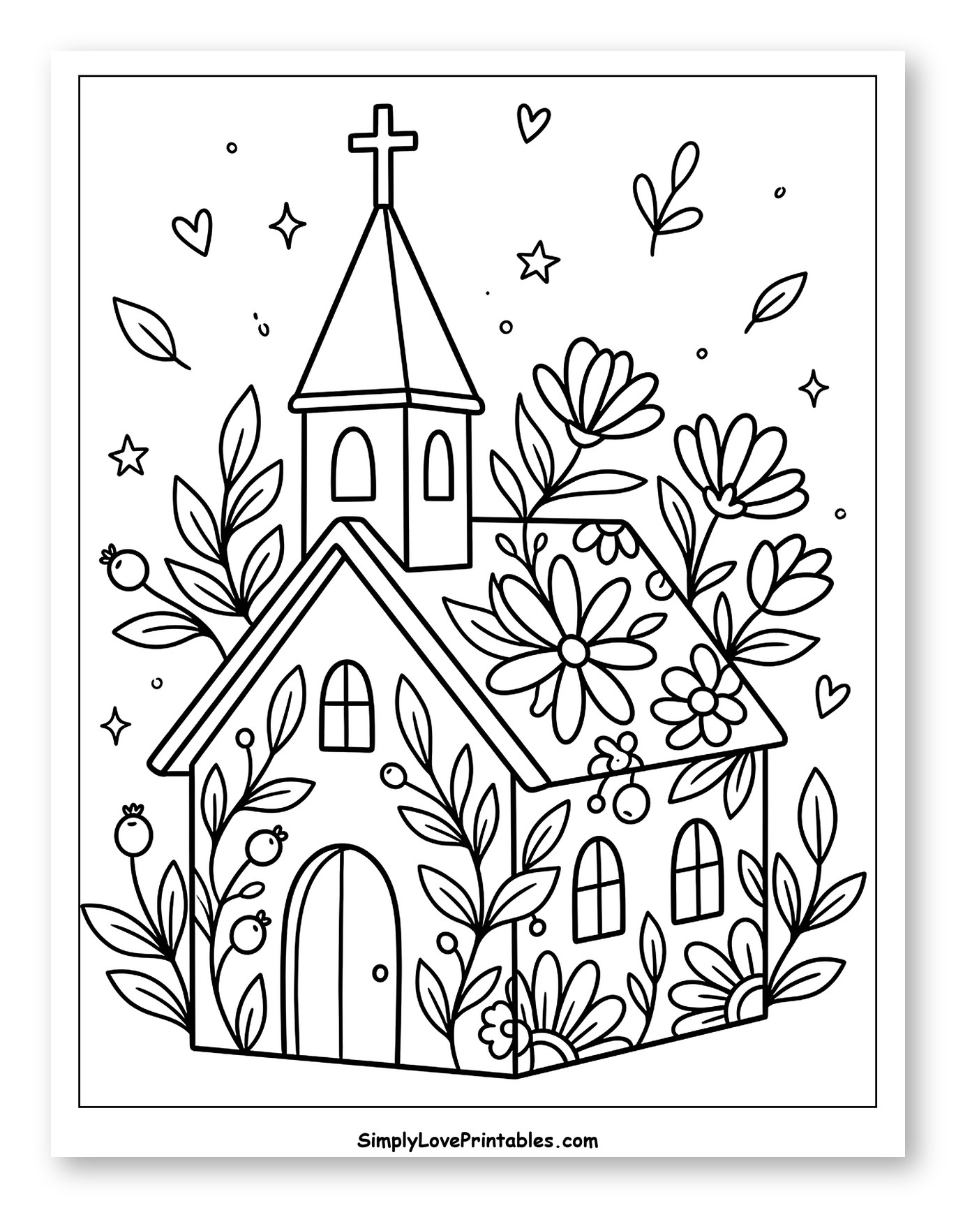 Whimsical Church Surrounded by Floral Designs to Color for Adults