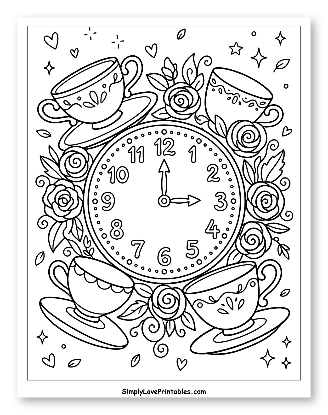 Whimsical Clock with Teacups and Roses Coloring Sheet for Adults