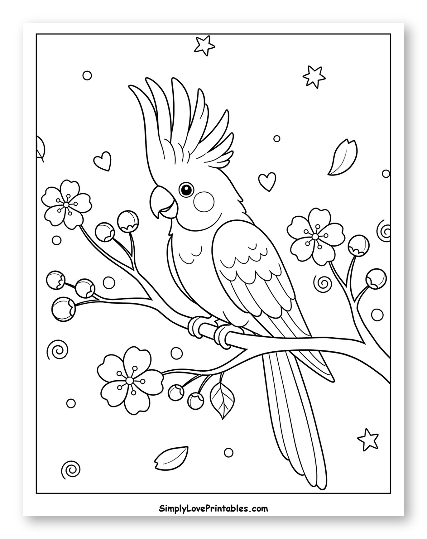 Whimsical Cockatoo Perched on Flowery Branch to Color for Adults