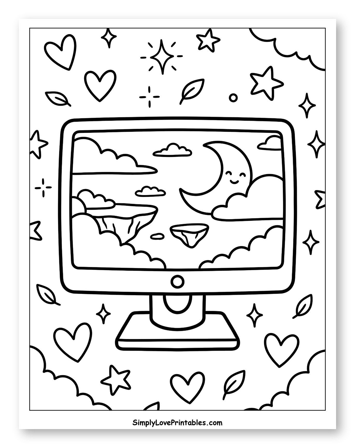 Whimsical Computer Screen with Clouds and Moon
