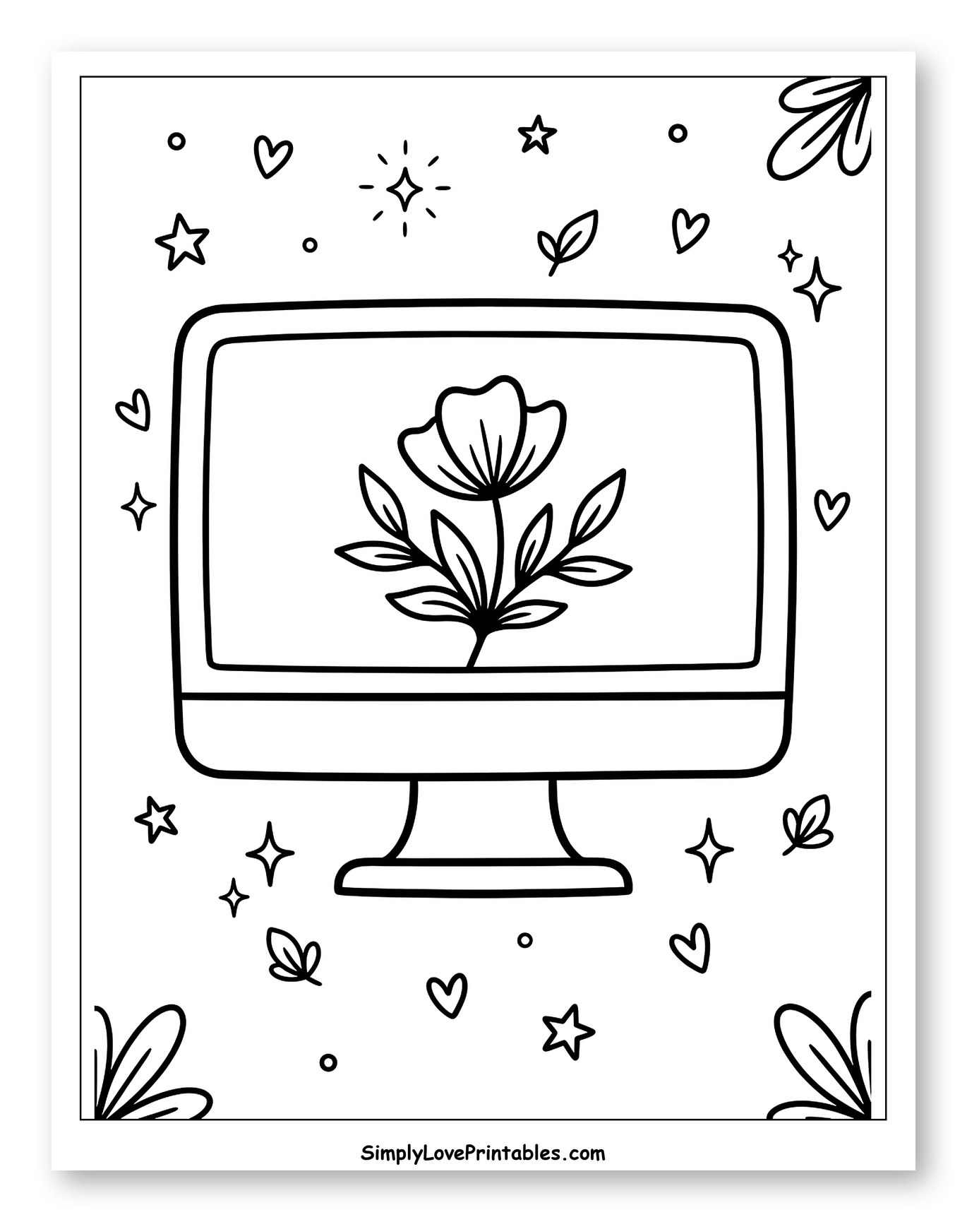 Whimsical Computer Screen with Floral Design Coloring Sheet for Adults