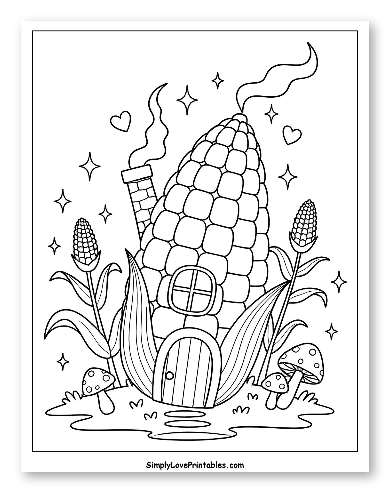 Whimsical Corn Cob House with Mushrooms Coloring Page for Adults