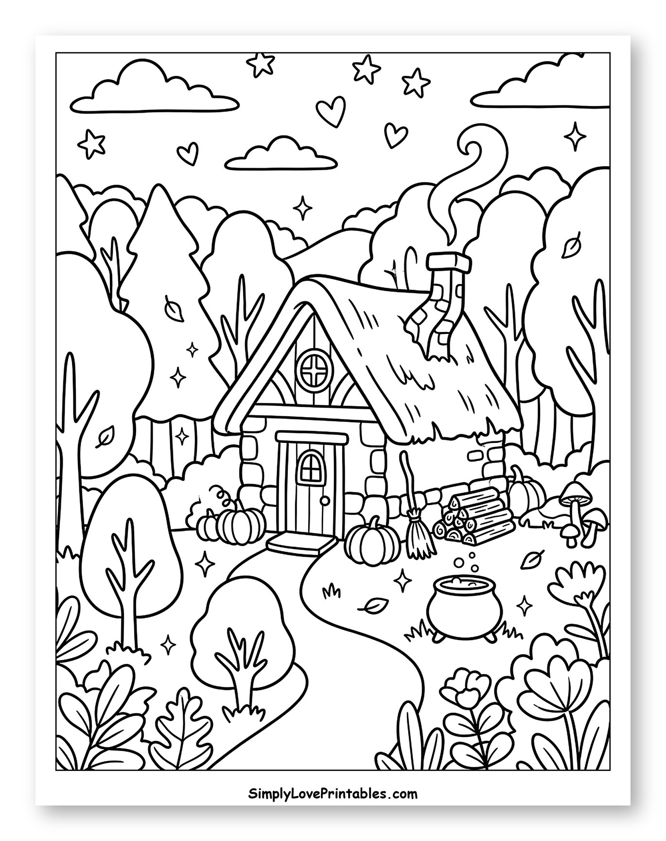 Whimsical Cottage in a Spooky Autumn Forest Coloring Sheet for Adults