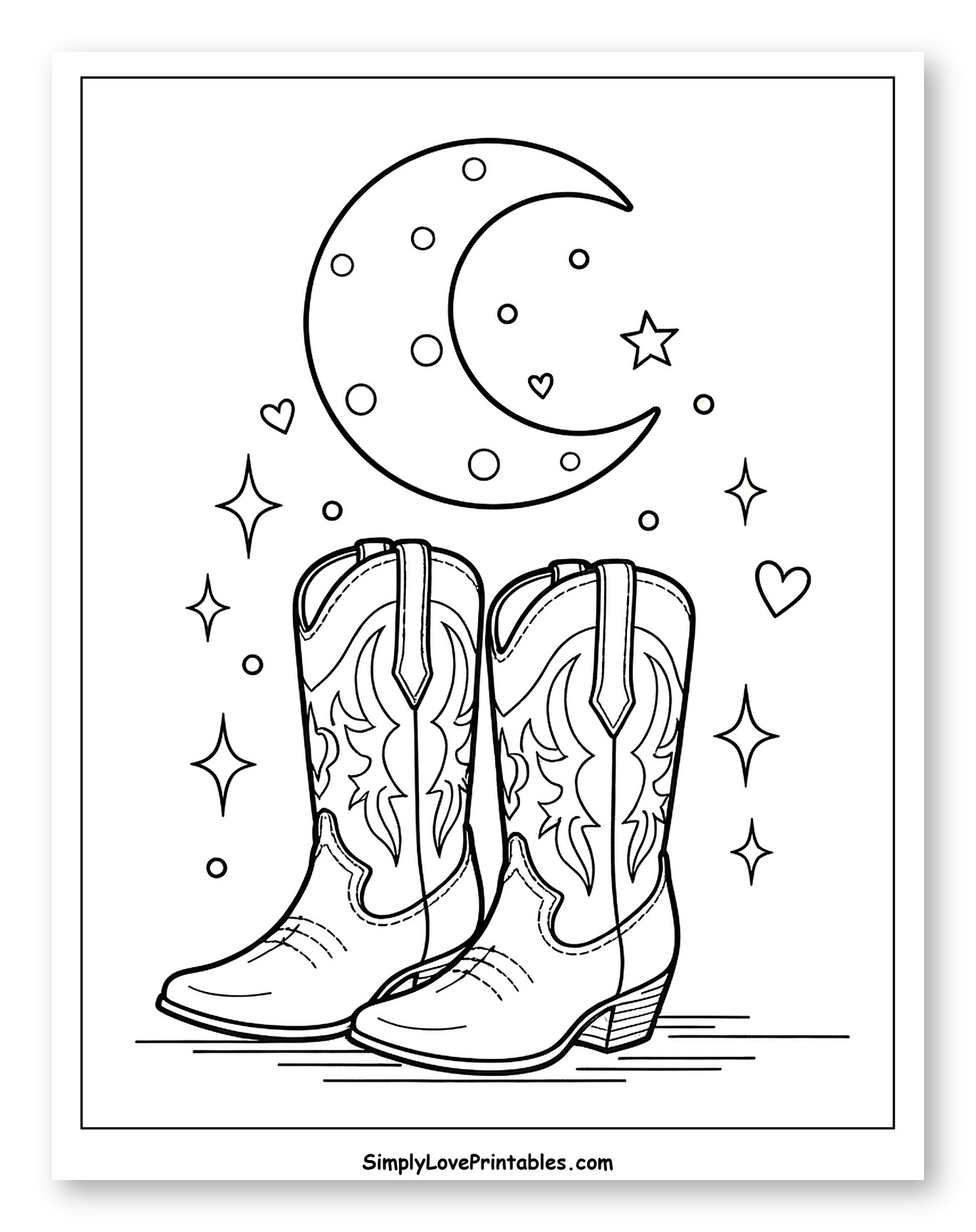 Whimsical Cowboy Boots with Moon and Stars to Color for Adults