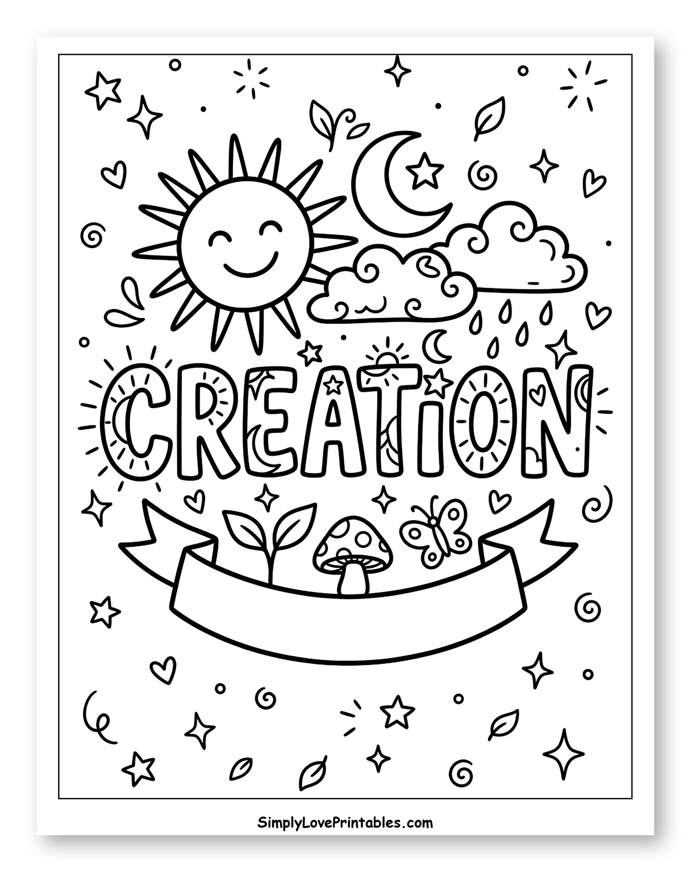 Whimsical Creation Scene with Nature Elements Coloring Sheet for Adults