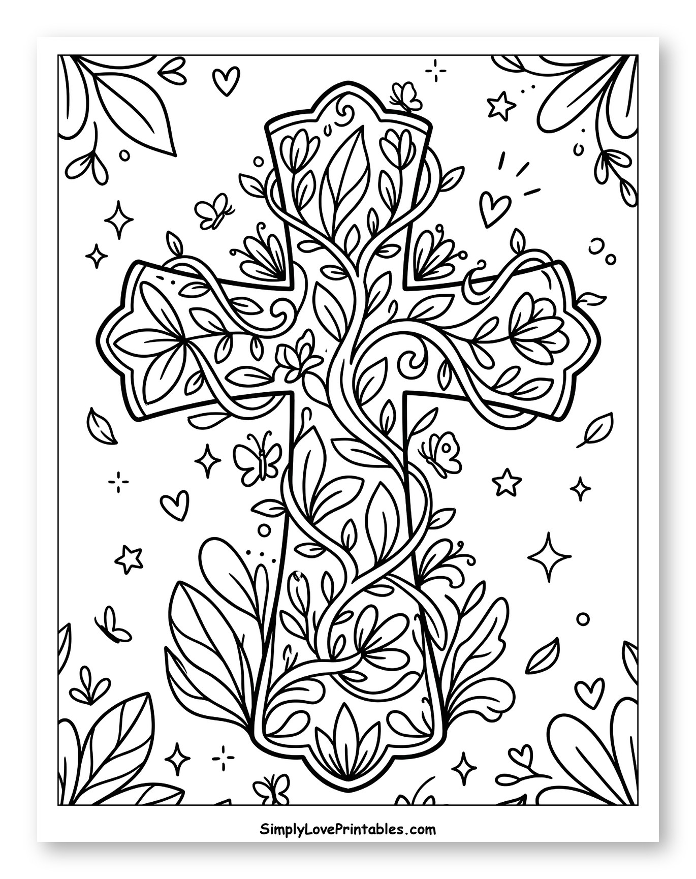 Whimsical Cross with Flowers and Vines Coloring Sheet for Adults