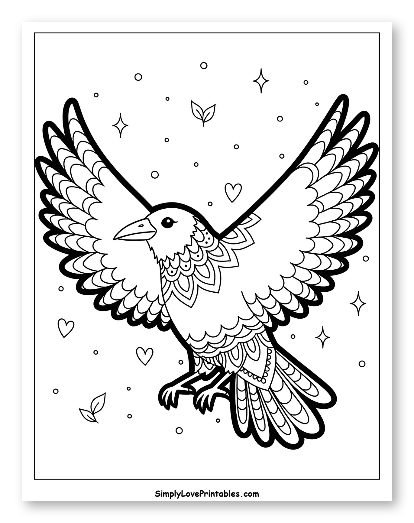 Whimsical Crow Flying with Spread Wings to Color for Adults
