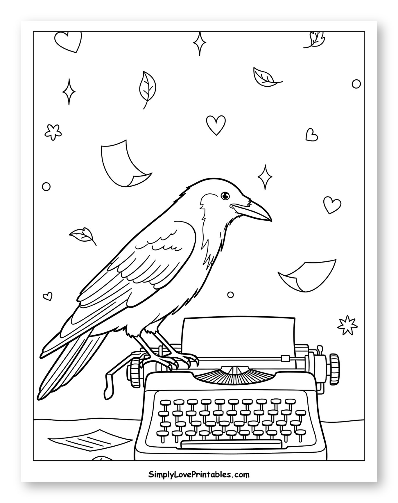 Whimsical Crow on Typewriter with Hearts and Leaves Coloring Page for Adults