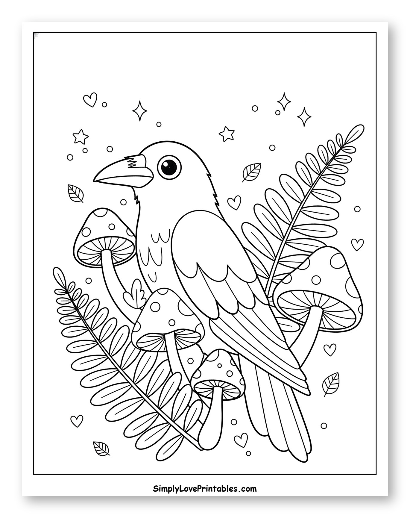Whimsical Crow with Forest Plants to Color for Adults