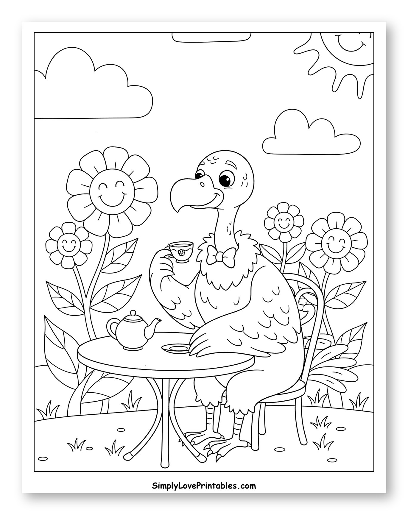 Whimsical Dodo Bird Having Tea in a Garden