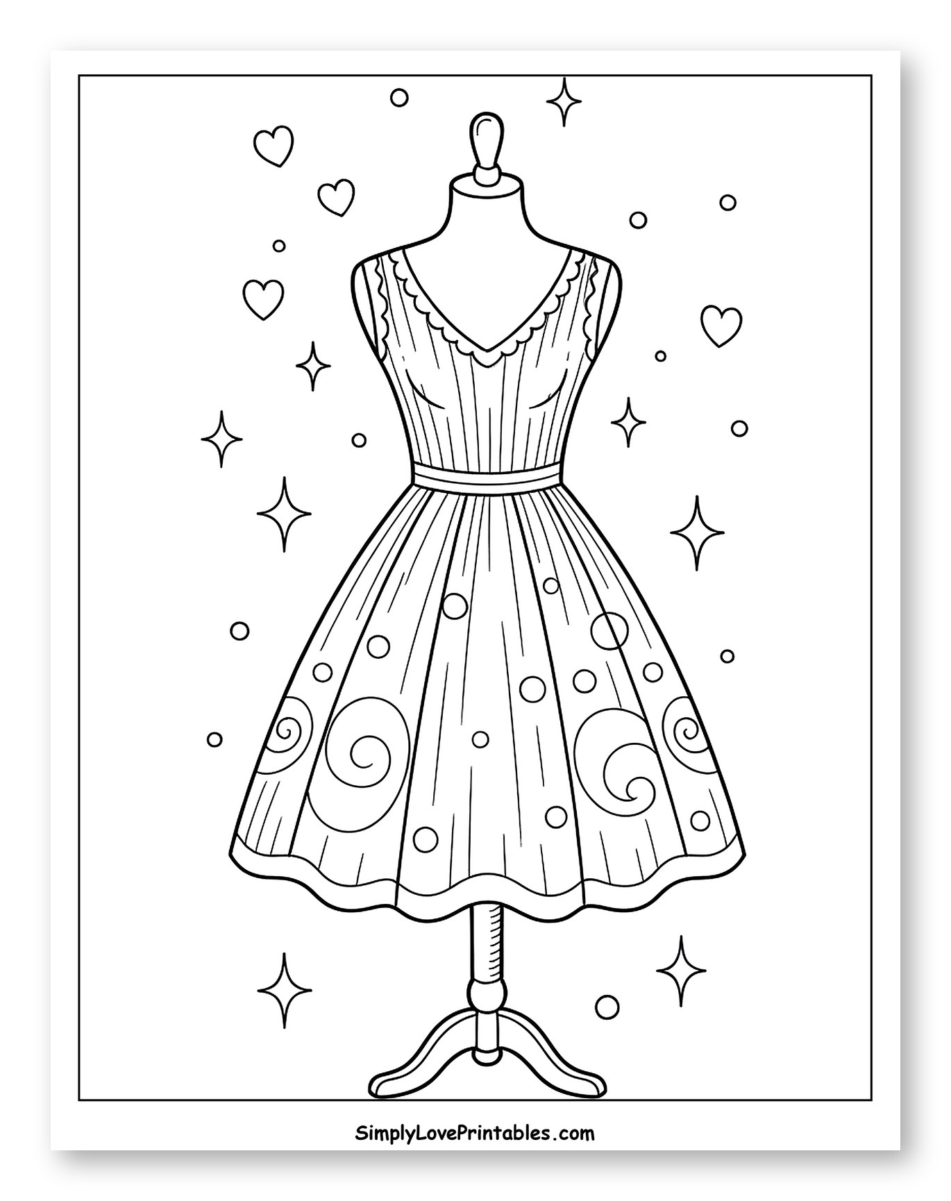 Whimsical Dress on Mannequin with Decorative Elements Coloring Page for Adults