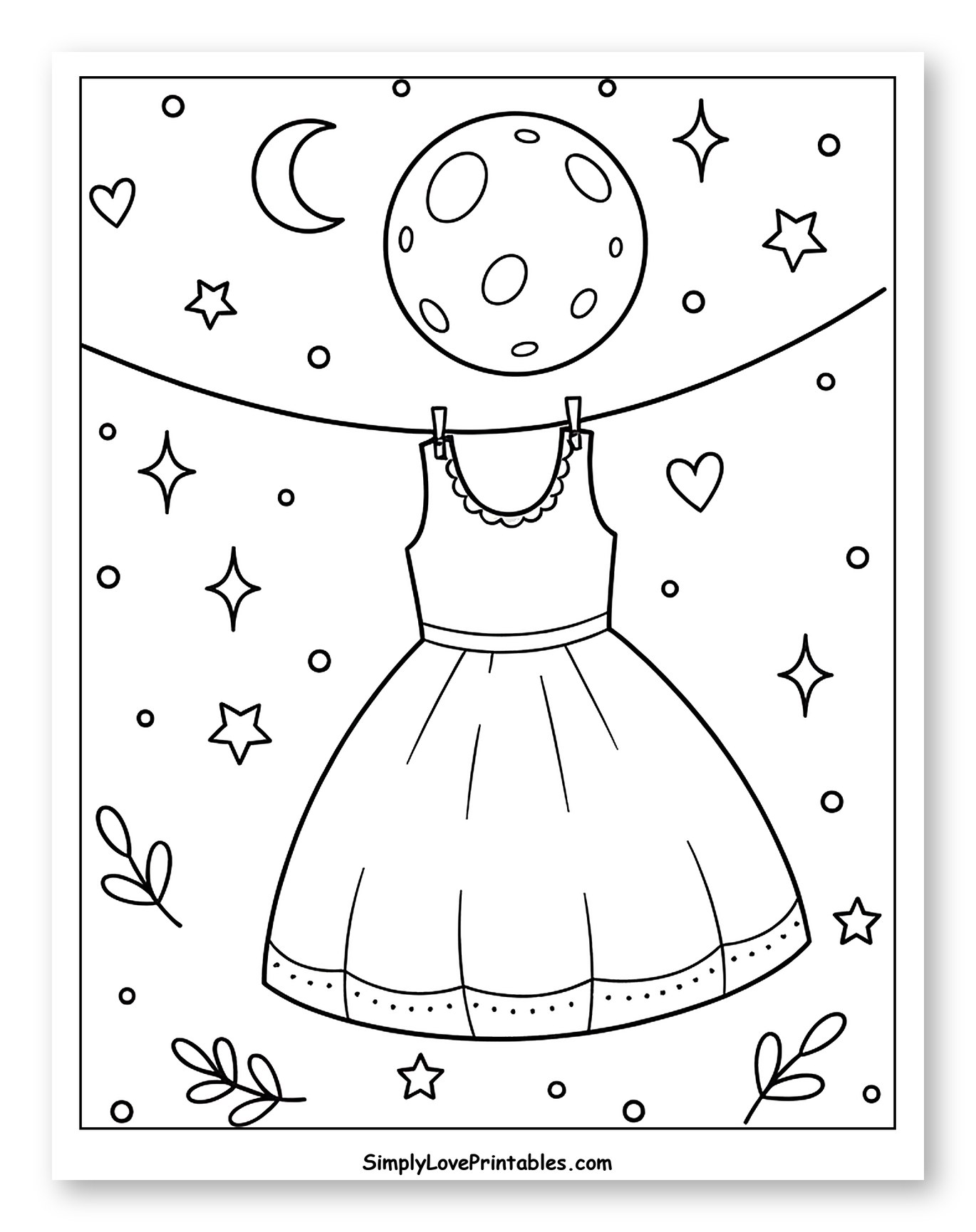 Whimsical Dress Under Moon and Stars Coloring Sheet for Adults