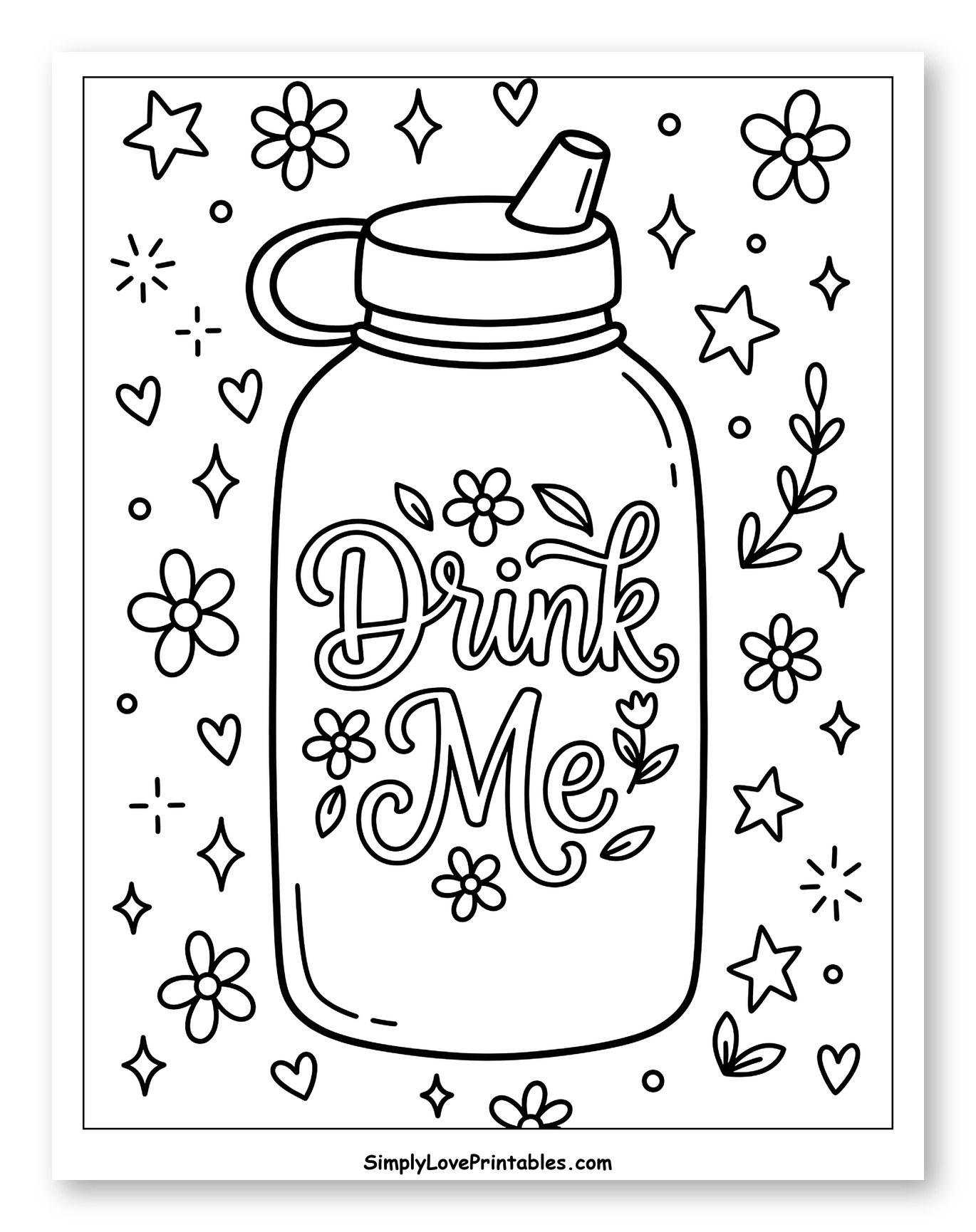 Whimsical "Drink Me" Water Bottle Design Coloring Sheet for Adults
