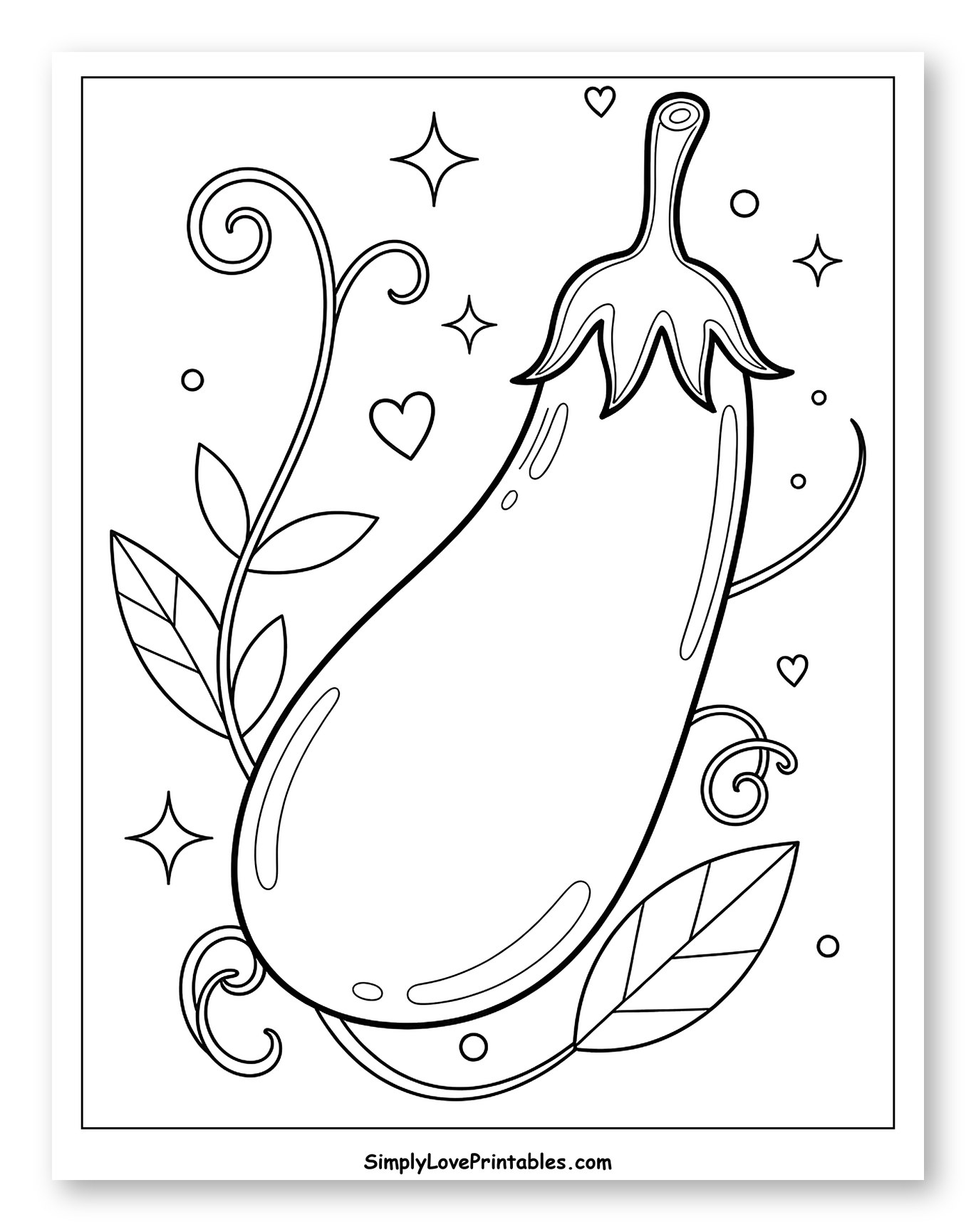 Whimsical Eggplant with Vines and Sparkles Coloring Page for Adults