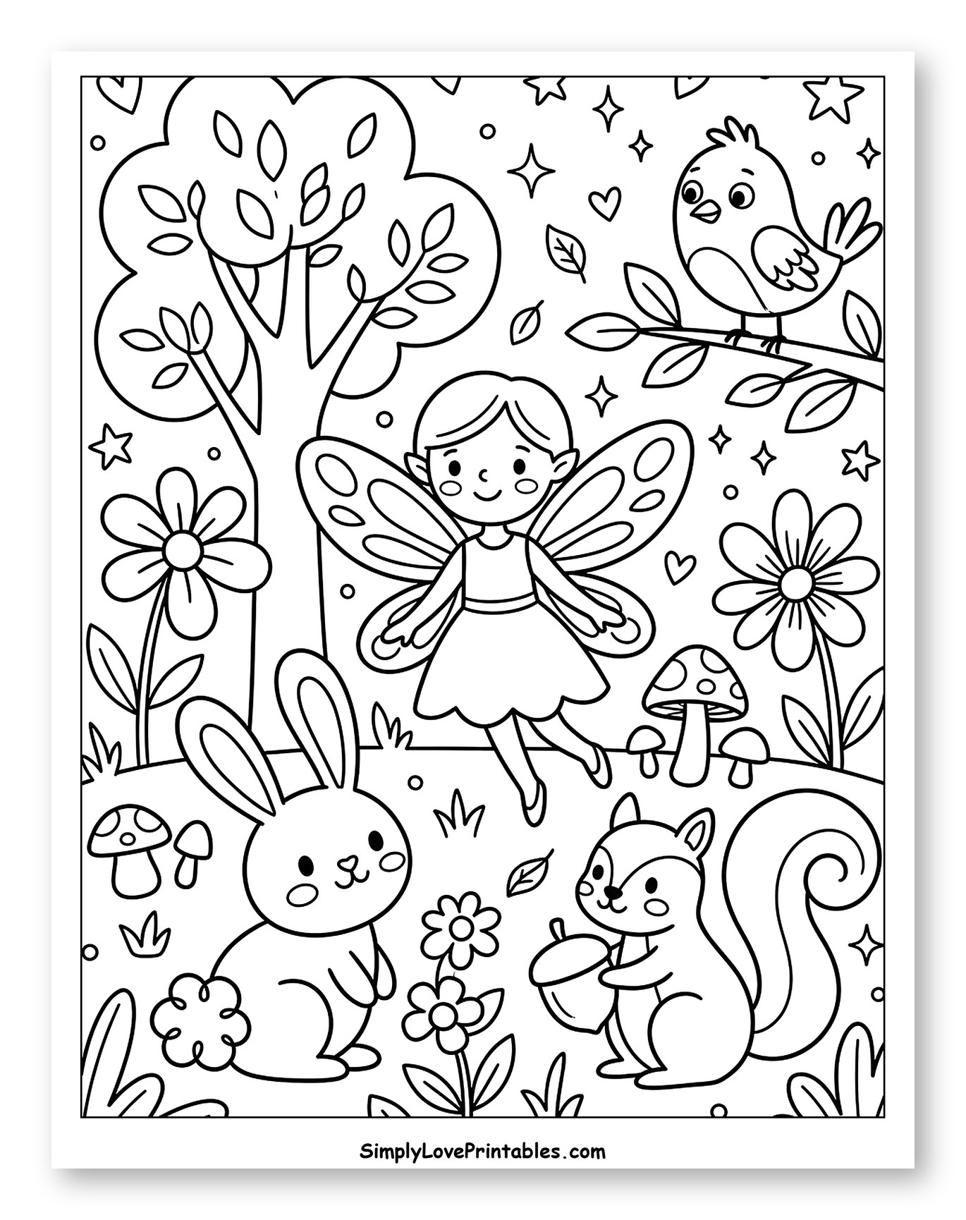 Whimsical Fairy and Woodland Friends Coloring Sheet for Adults