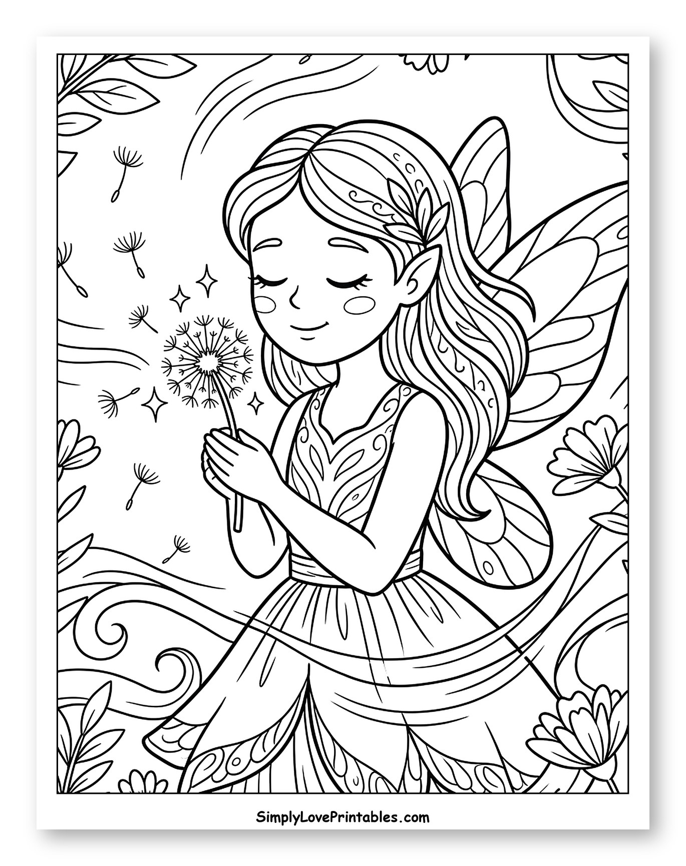 Whimsical Fairy Blowing a Dandelion Among Flowers