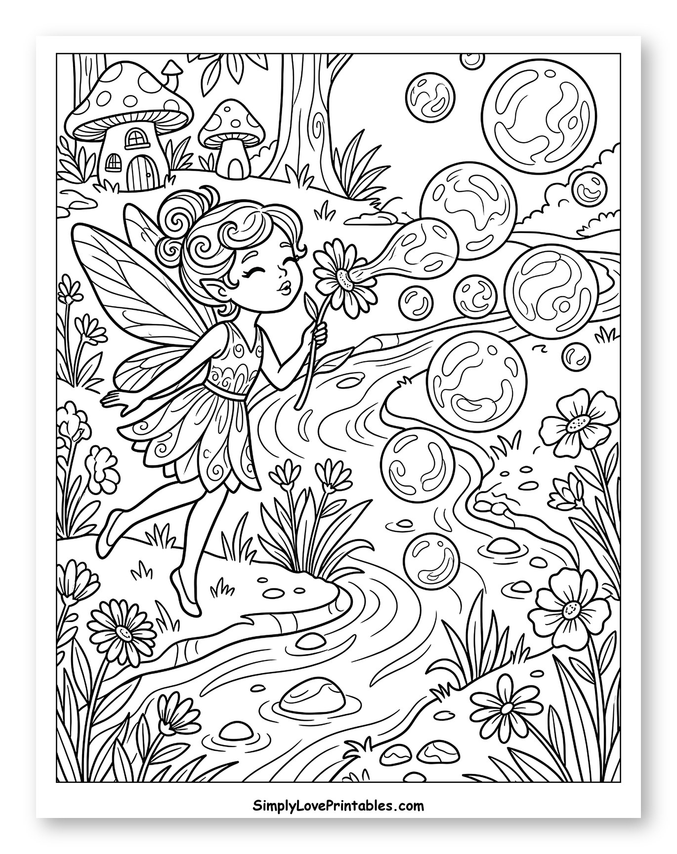 Whimsical Fairy Blowing Flower Bubbles by Stream to Color for Kids