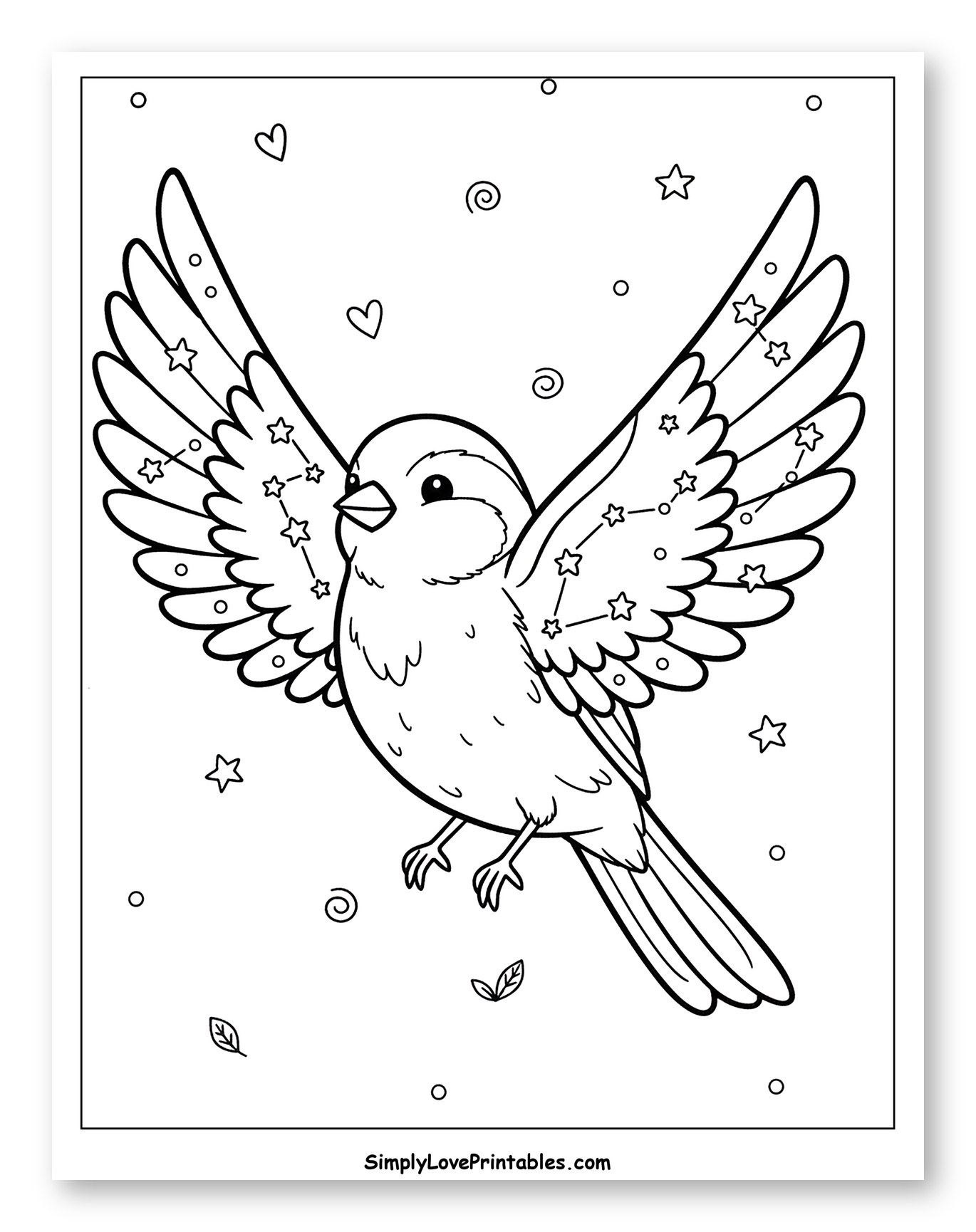 Whimsical Finch with Spread Starry Wings Coloring Sheet for Adults