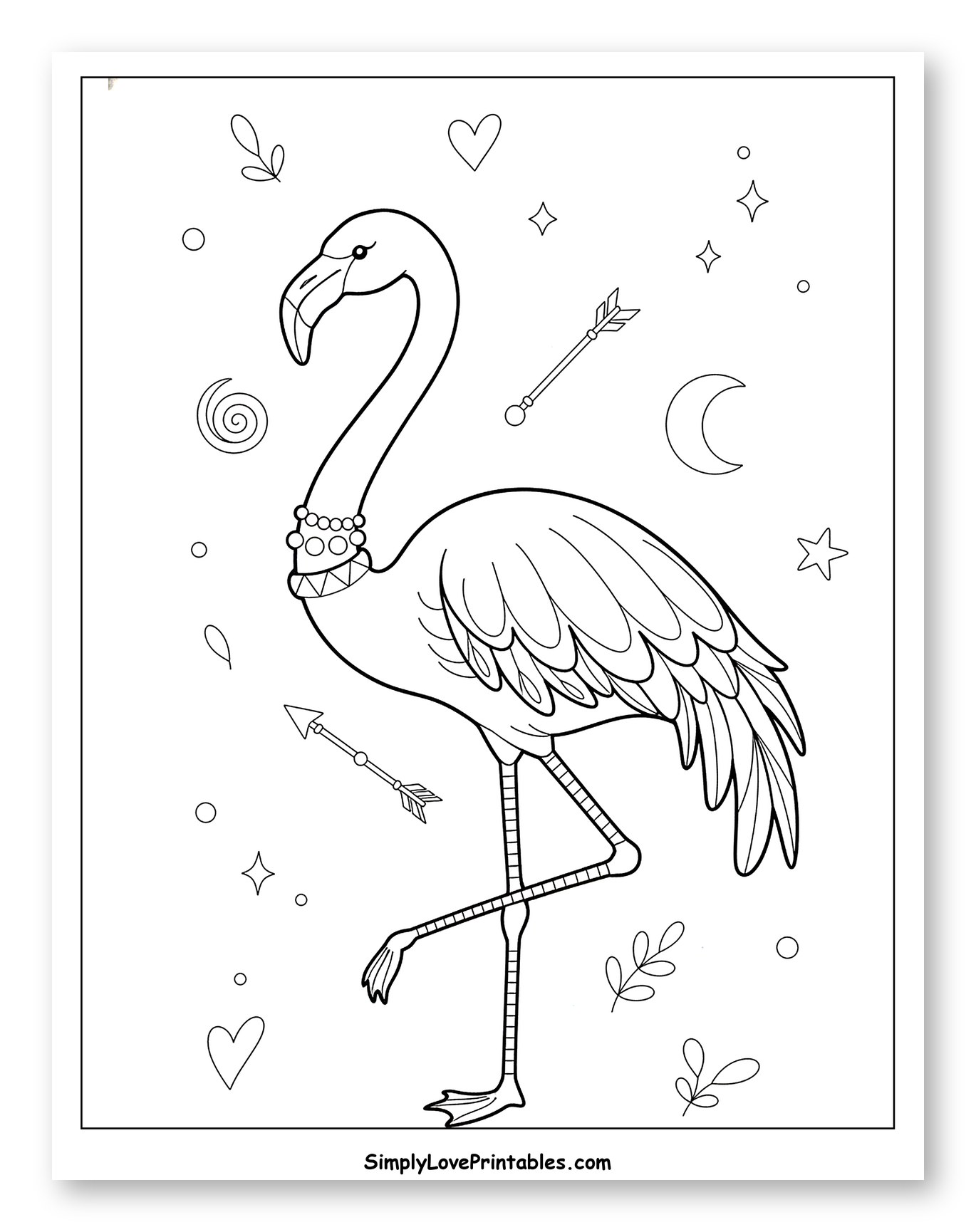 Whimsical Flamingo Adorned with Stars and Hearts Coloring Sheet for Adults