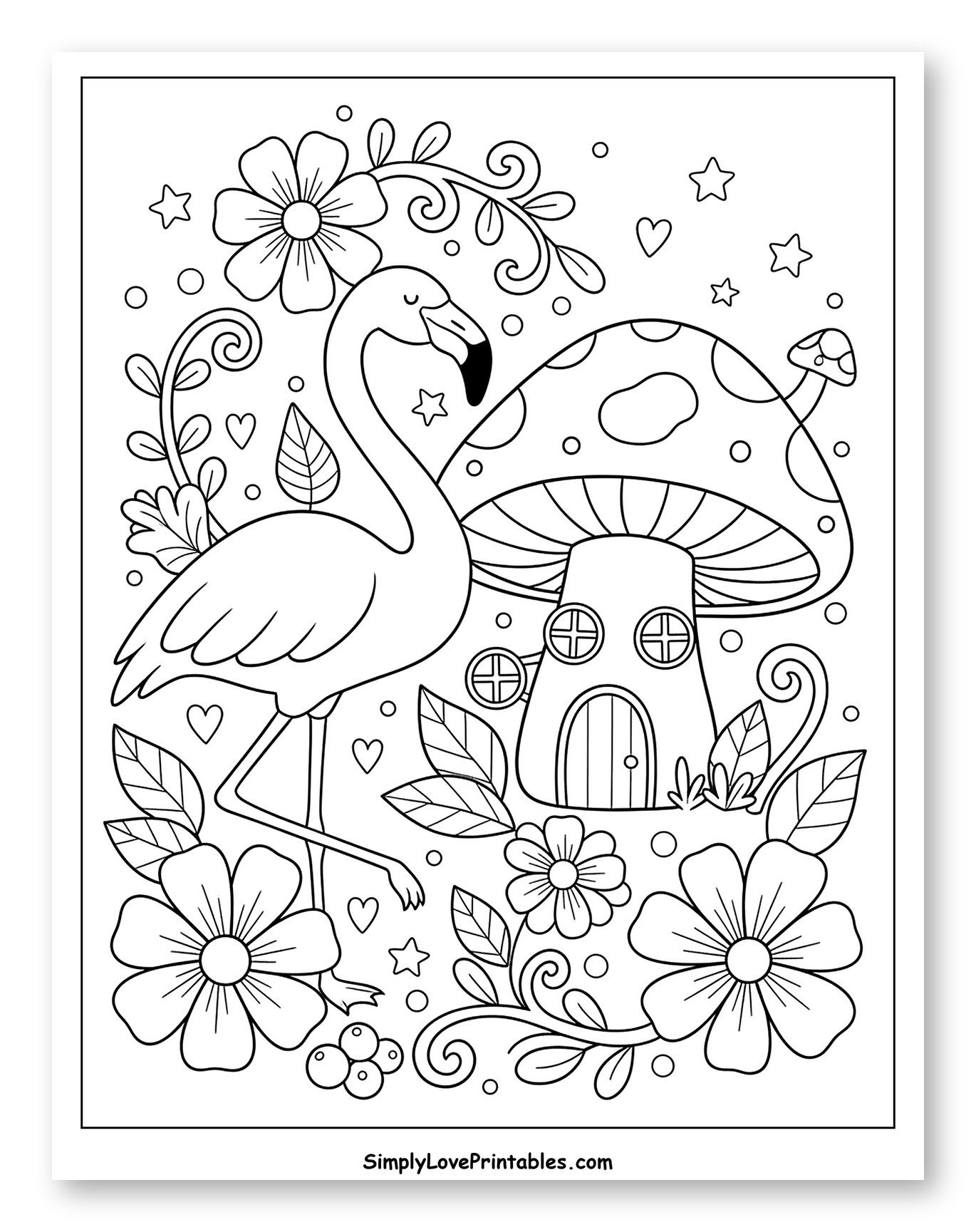 Whimsical Flamingo with Mushroom Home and Flowers Coloring Page for Adults