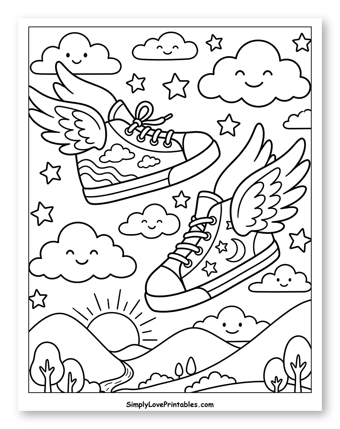Whimsical Flying Shoes Over a Sunny Landscape to Color for Kids