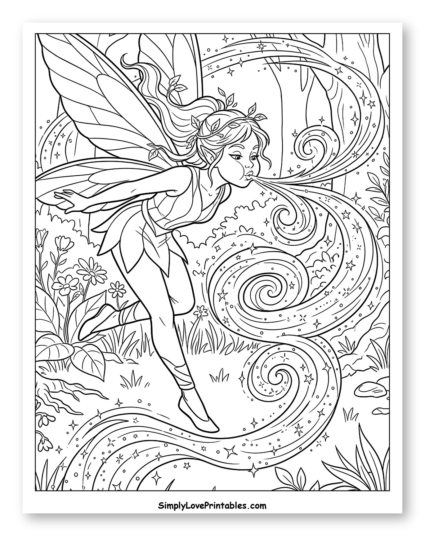 Whimsical Forest Fairy Blowing Swirling Magic Coloring Page