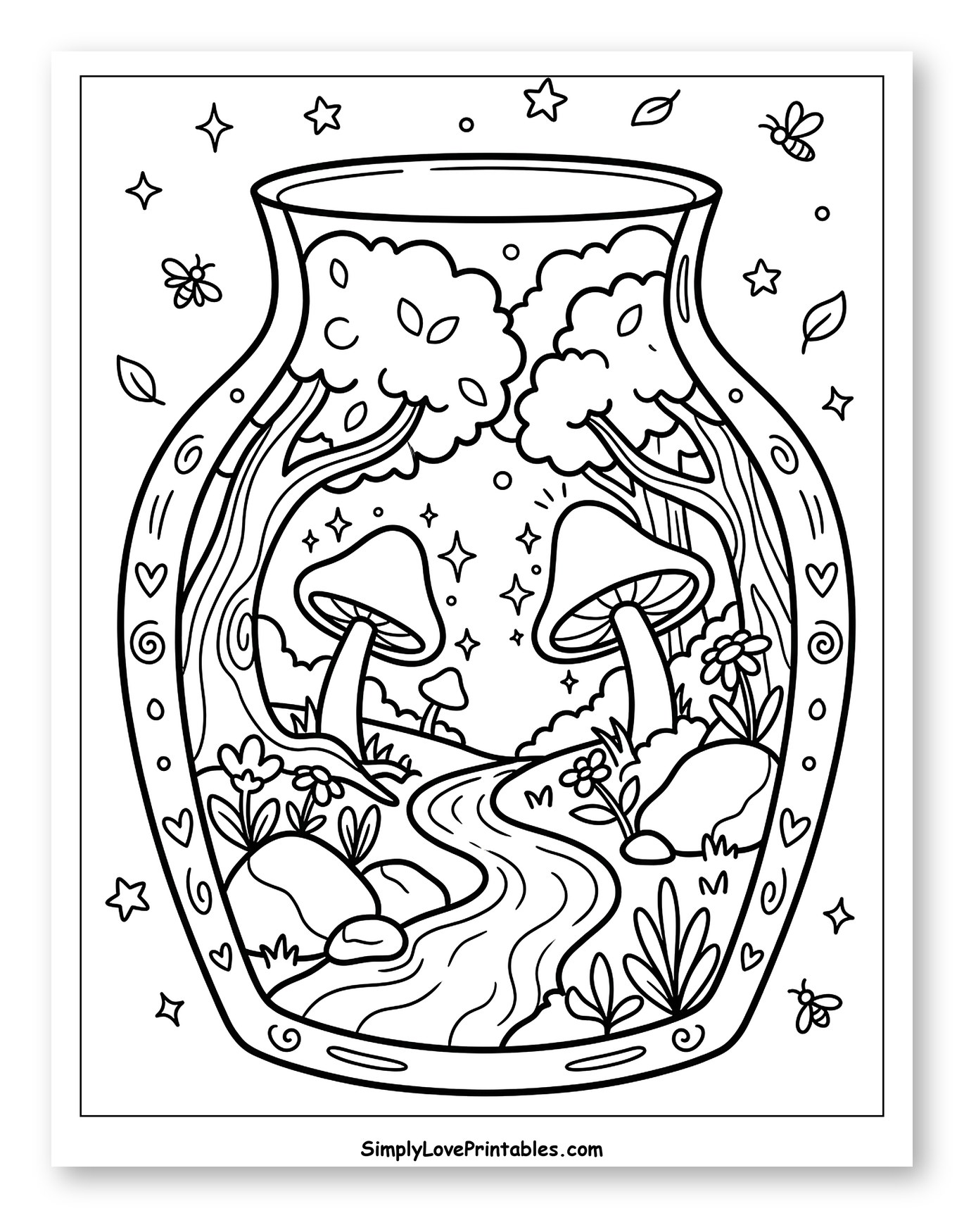 Whimsical Forest Landscape in a Vase to Color for Adults