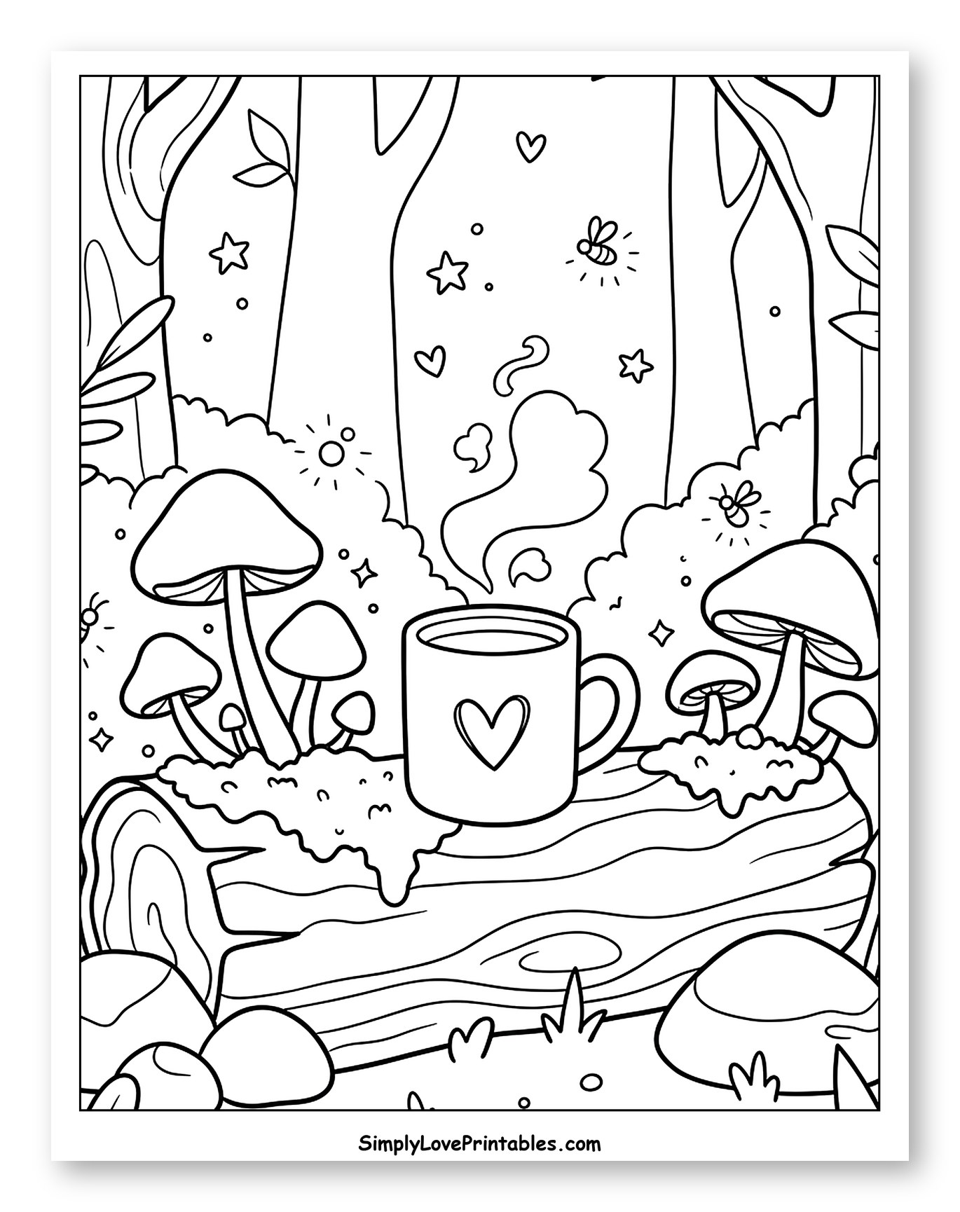 Whimsical Forest Retreat with Steaming Mug Coloring Page for Adults
