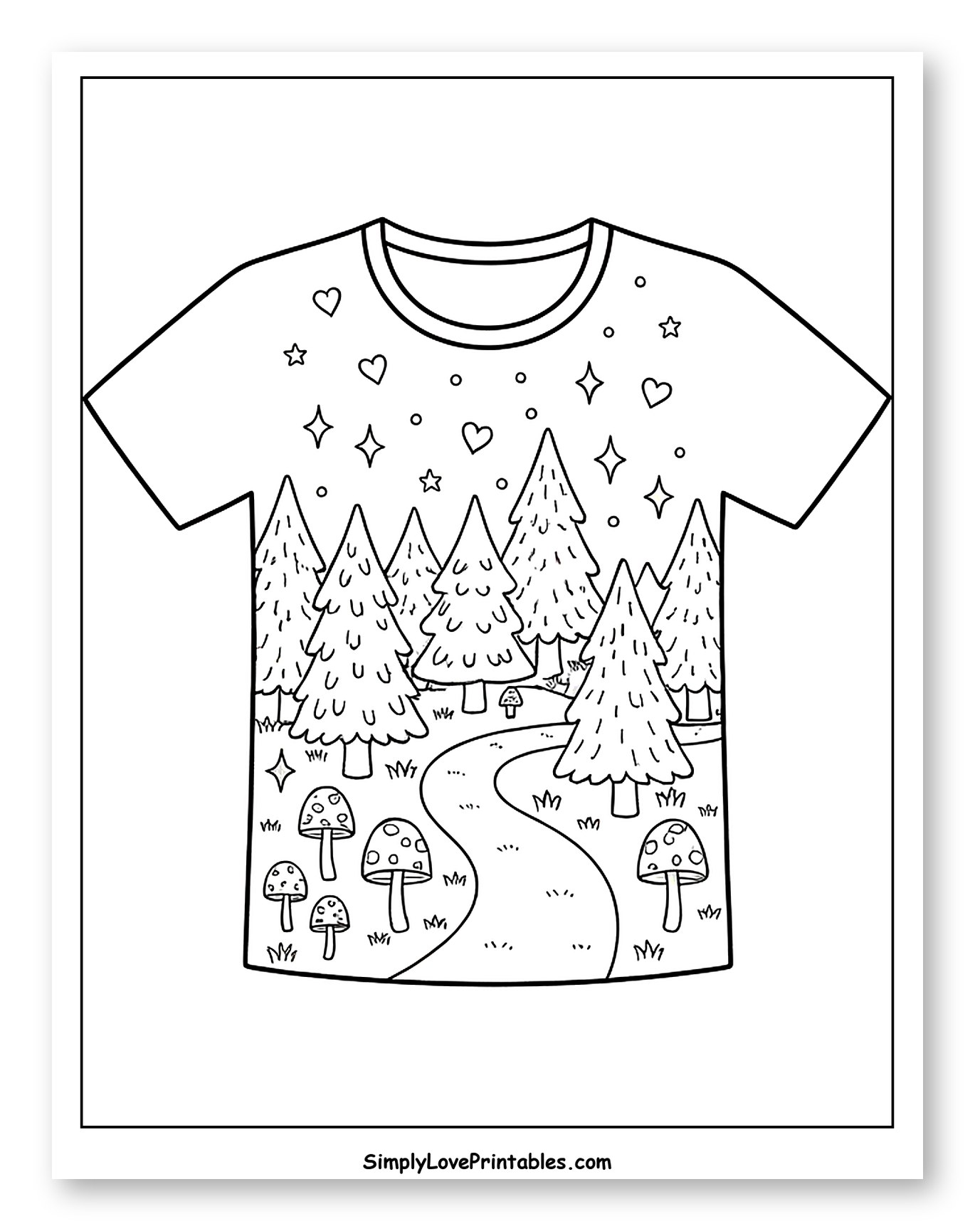 Whimsical Forest T-Shirt with Stars Coloring Page for Adults
