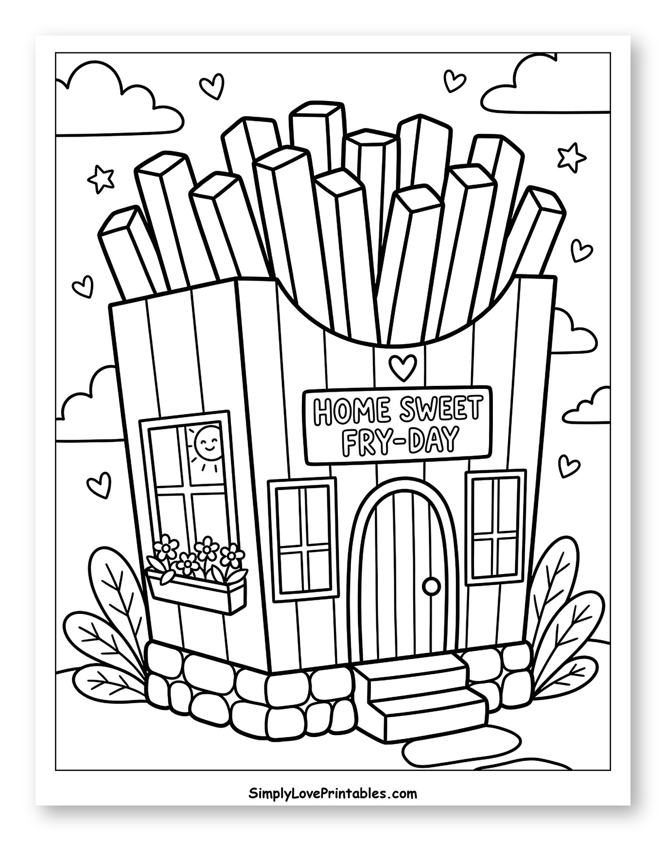 Whimsical French Fry House with Smiling Sun