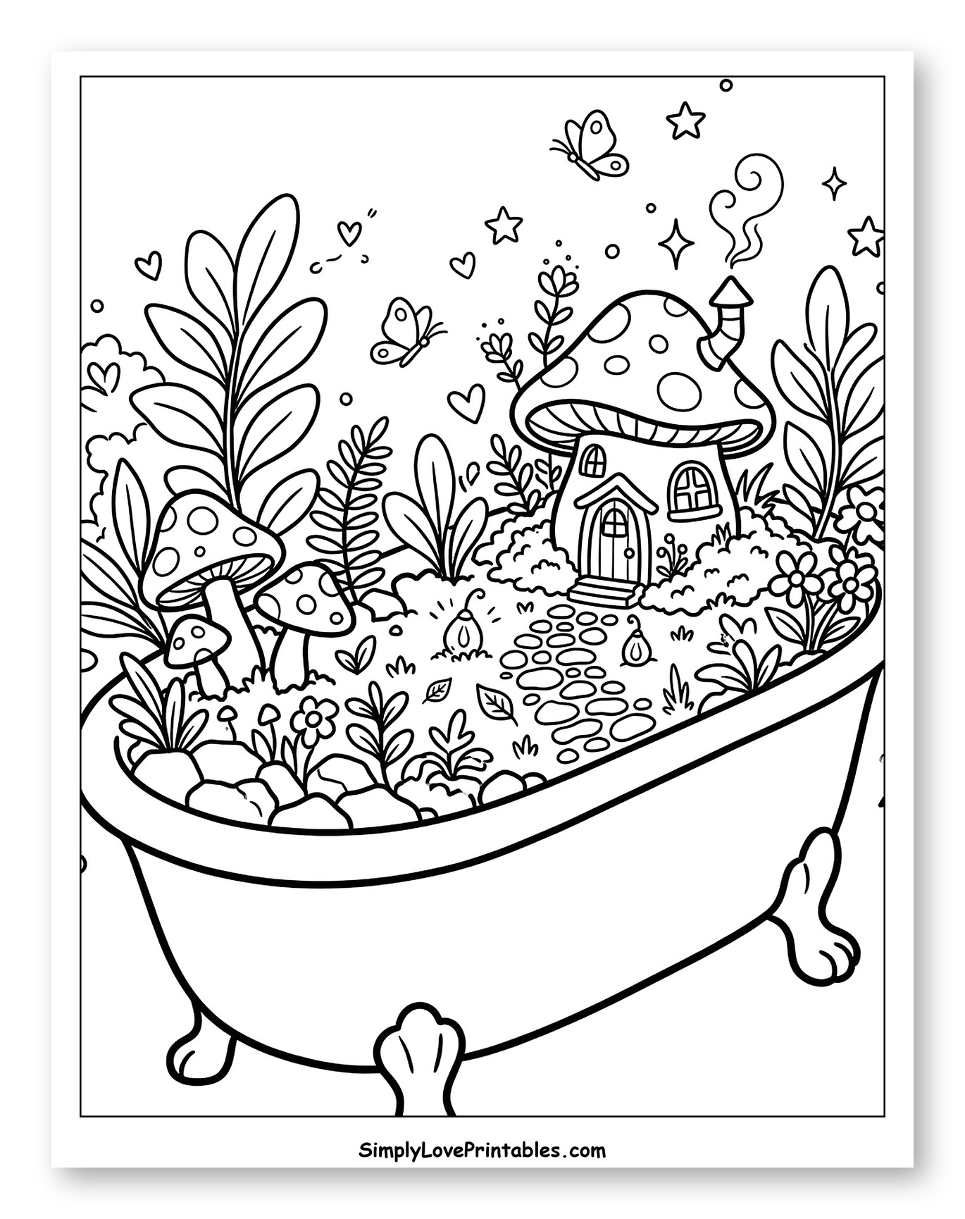 Whimsical Garden in a Bathtub with Mushroom House Coloring Sheet for Adults