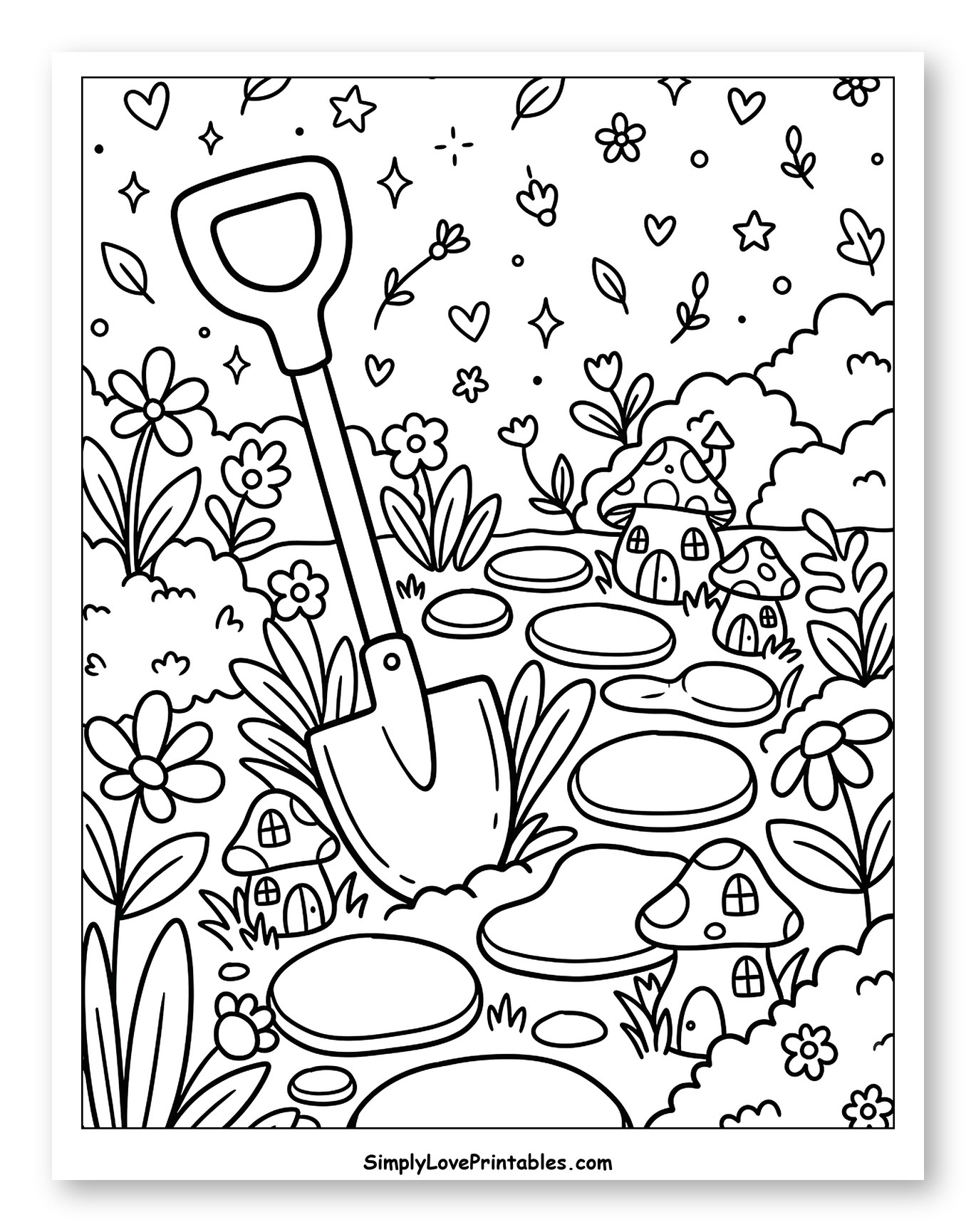 Whimsical Garden Scene with Shovel and Mushroom Homes Coloring Page for Adults