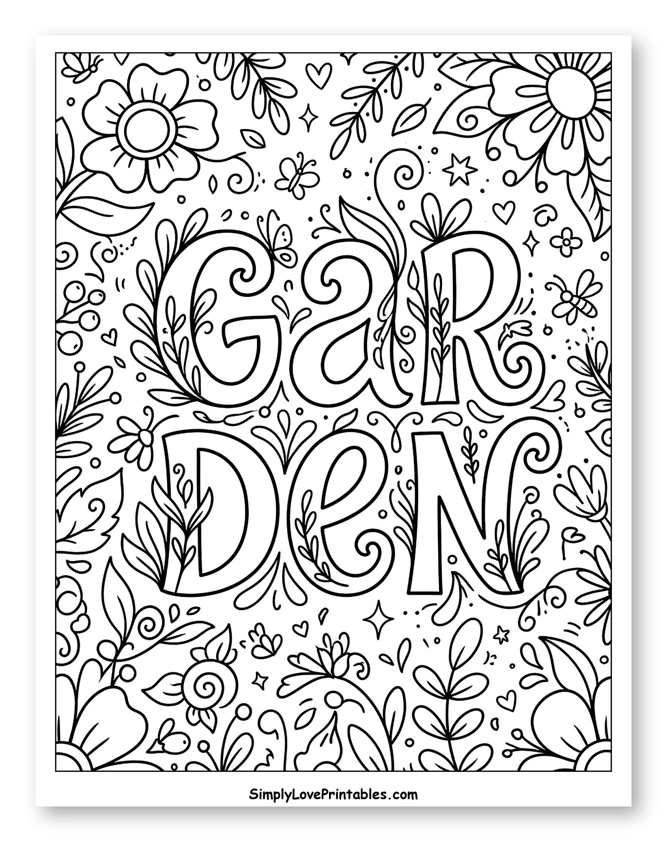 Whimsical Garden Word and Floral Scene Coloring Page for Adults