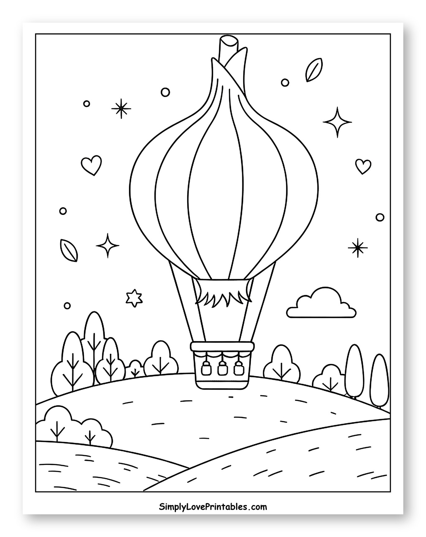 Whimsical Garlic Balloon Over Rolling Hills Coloring Page for Adults