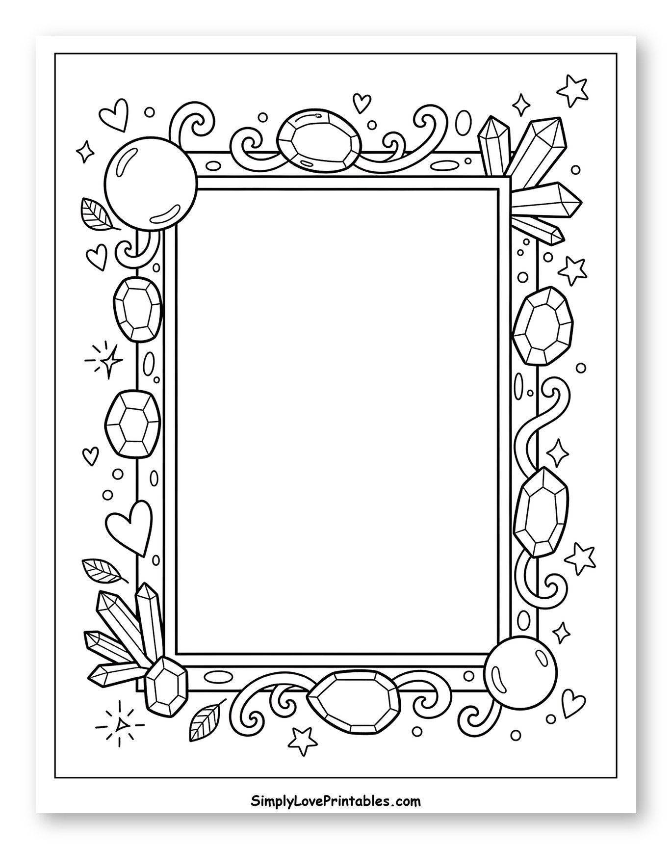 Whimsical Gemstone and Crystal Border Frame Coloring Sheet for Adults