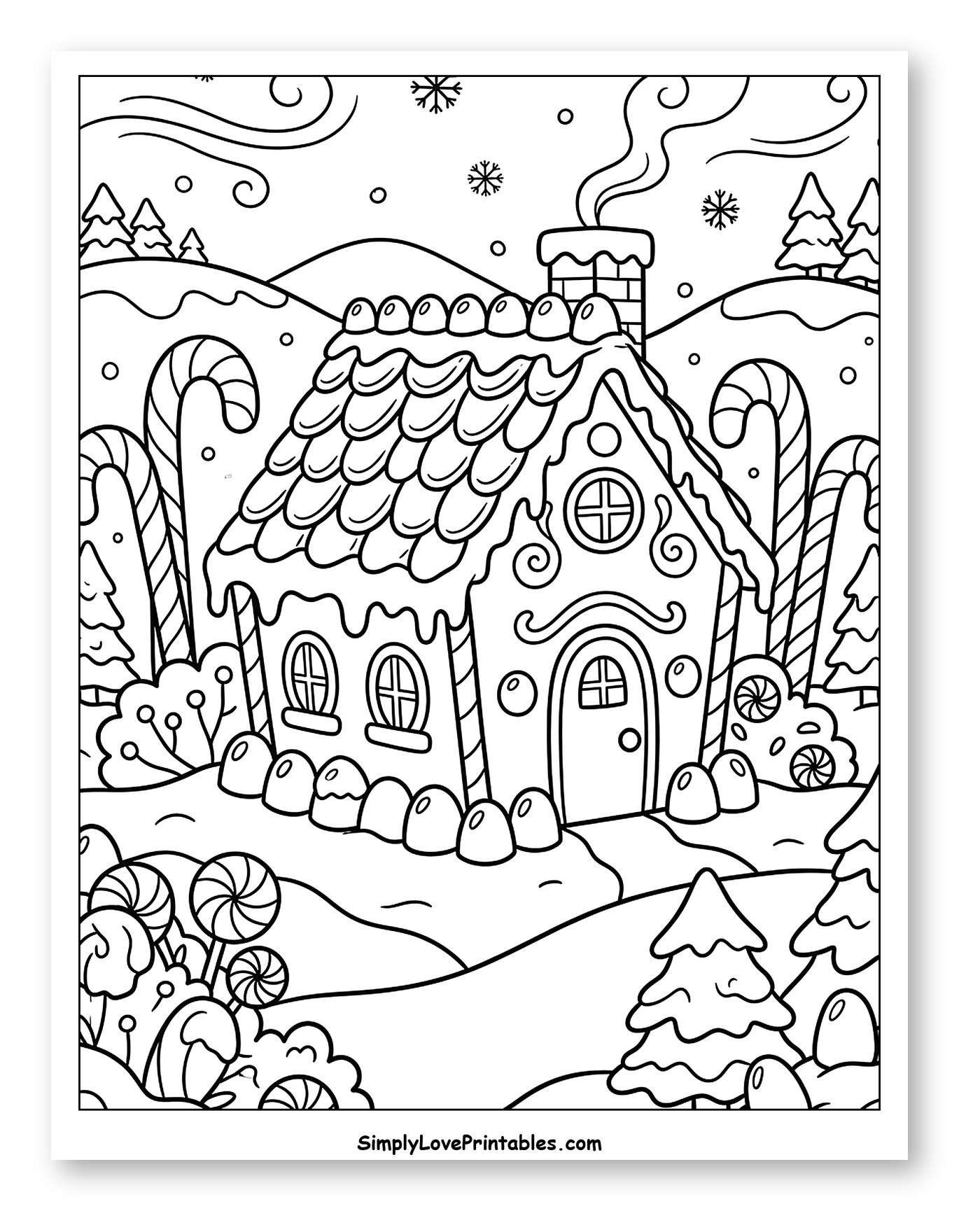 Whimsical Gingerbread House in a Winter Wonderland Coloring Sheet for Kids