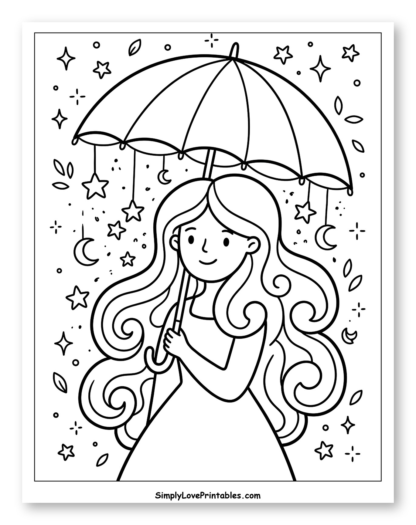 Whimsical Girl Holding Umbrella with Falling Stars and Moons to Color for Adults