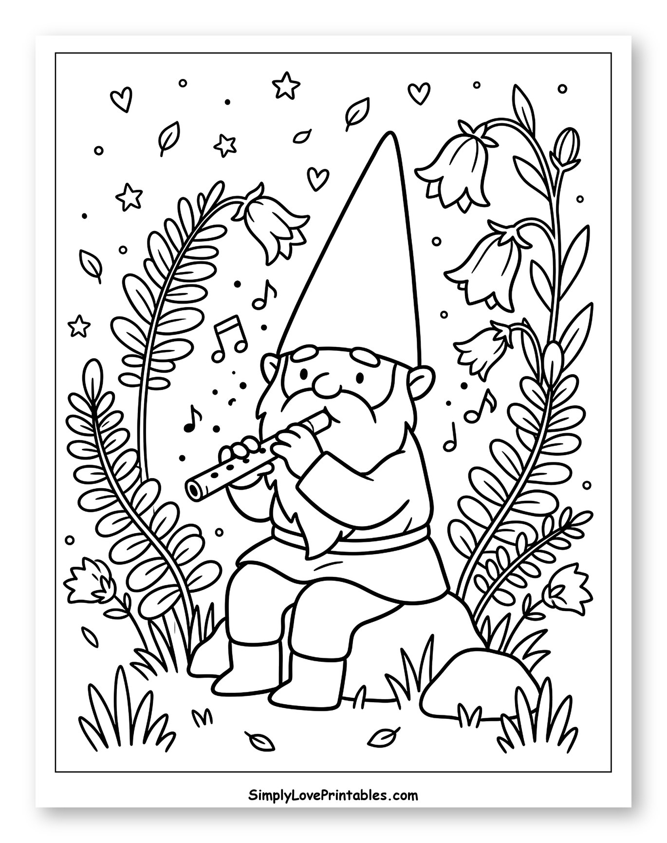 Whimsical Gnome Playing Flute Among Flowers Coloring Sheet for Adults