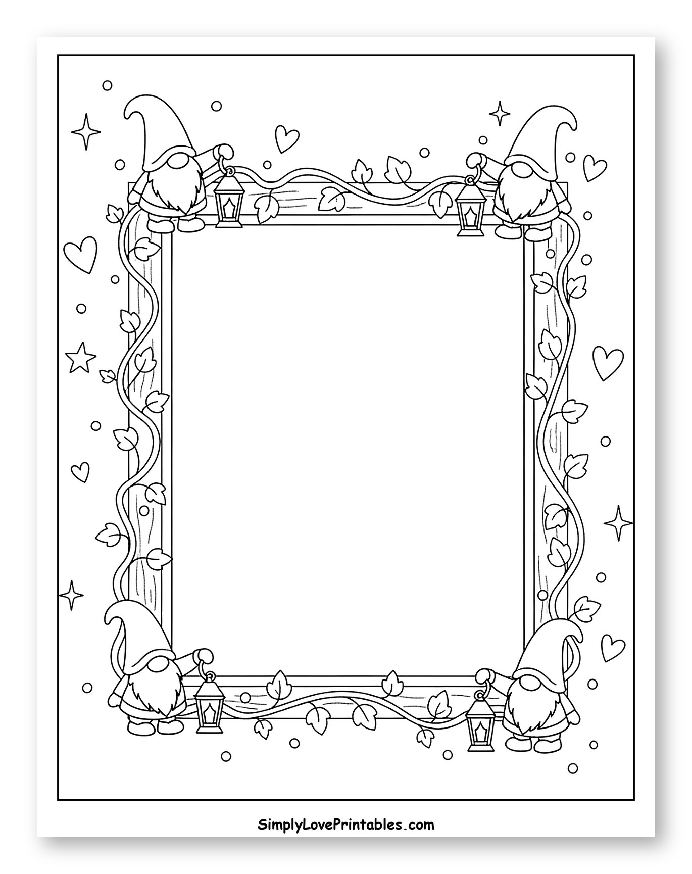 Whimsical Gnomes Holding Lanterns on a Frame Coloring Sheet for Adults