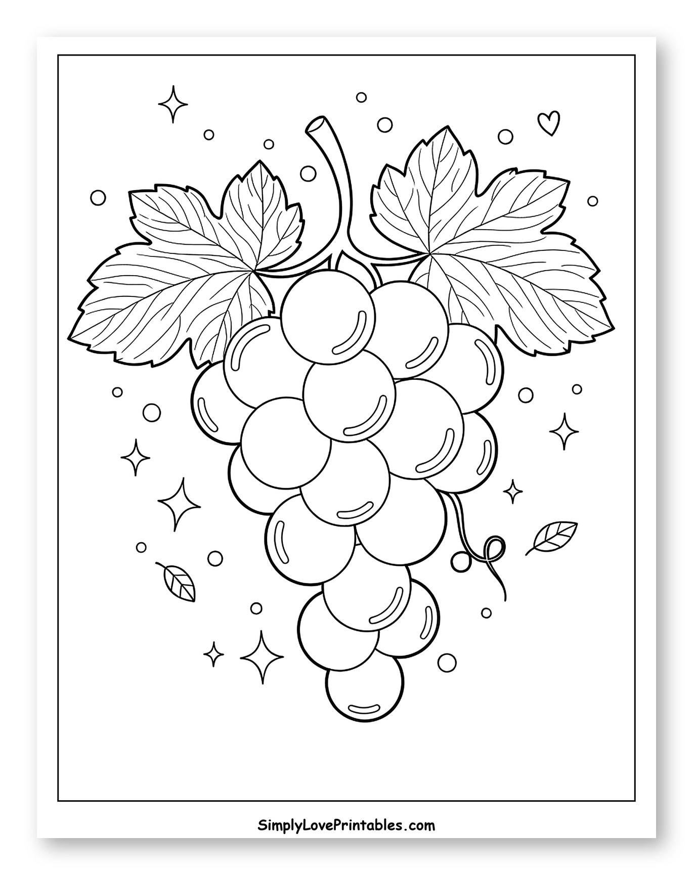 Whimsical Grape Cluster with Leaves and Stars Coloring Page for Adults