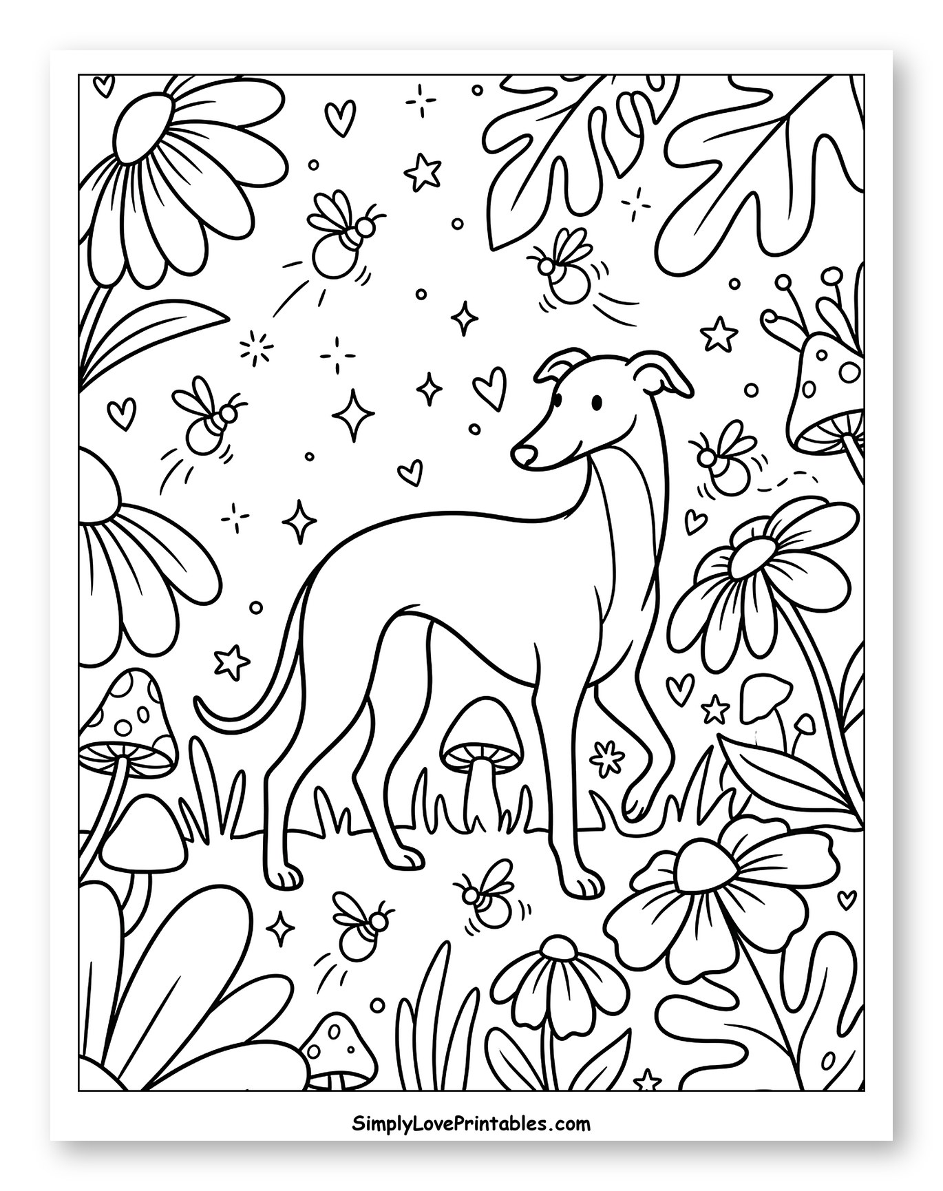 Whimsical Greyhound in an Enchanted Garden Coloring Sheet for Adults