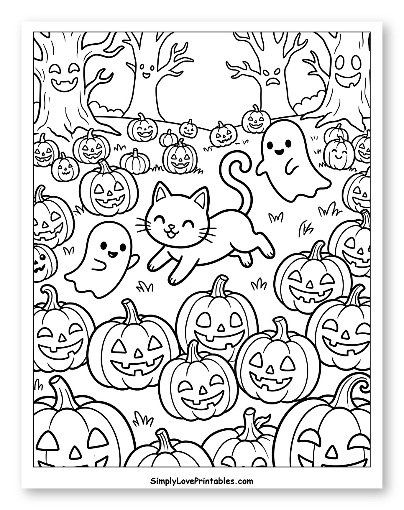Whimsical Halloween Night with Cat, Ghosts, and Pumpkins Coloring Page for Kids