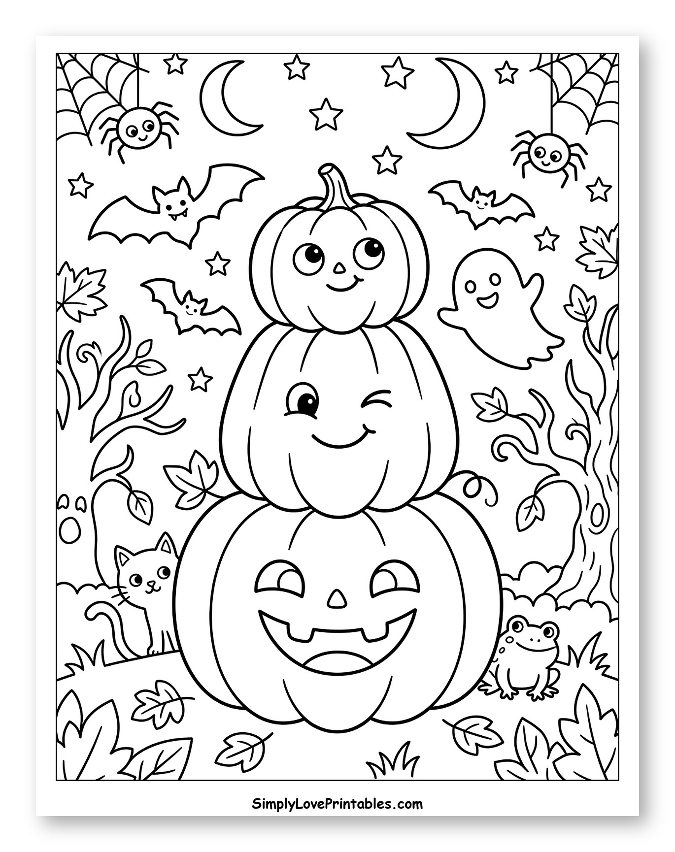 Whimsical Halloween Pumpkin Stack and Friends
