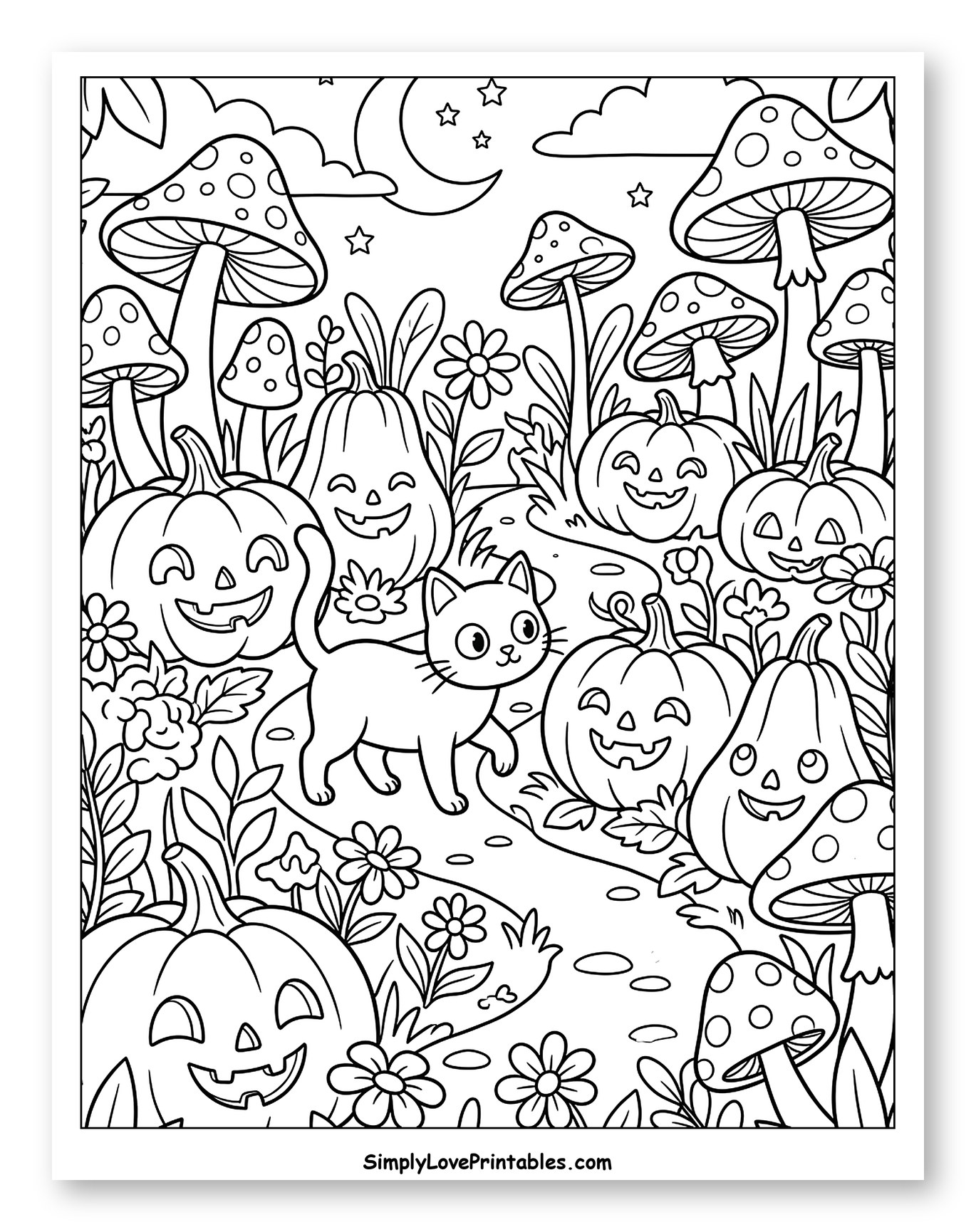 Whimsical Halloween Scene with Cat and Pumpkins to Color for Kids