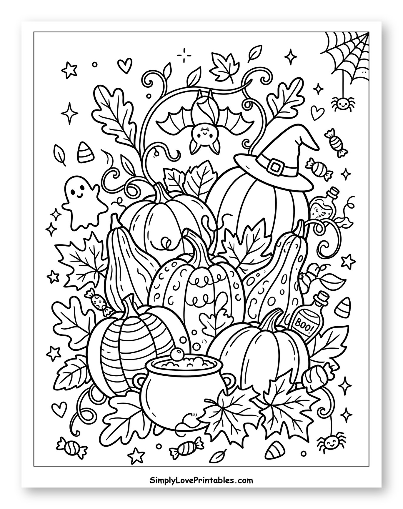 Whimsical Halloween Scene with Pumpkins and Witch Hat