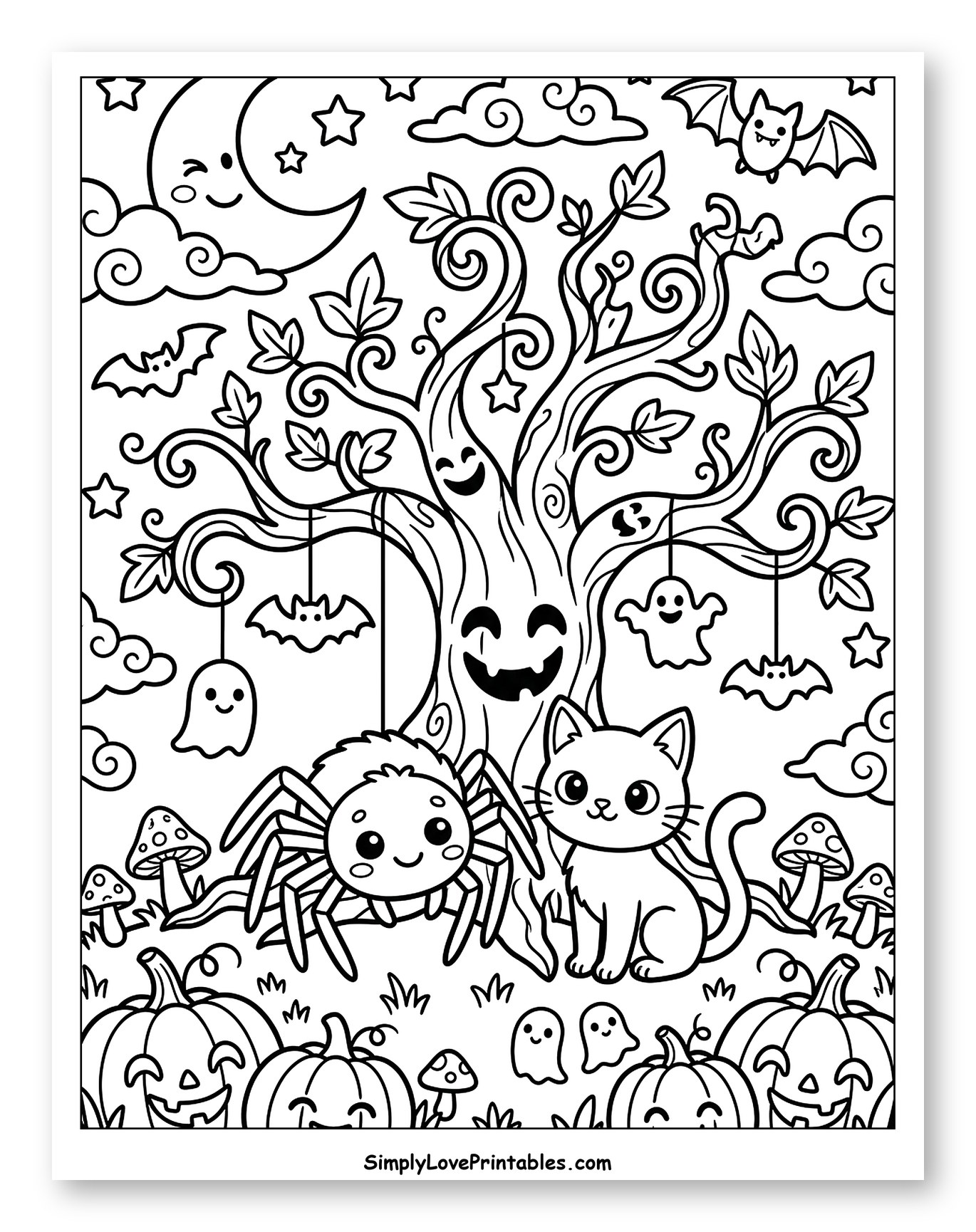 Whimsical Halloween Tree, Spider, and Cat