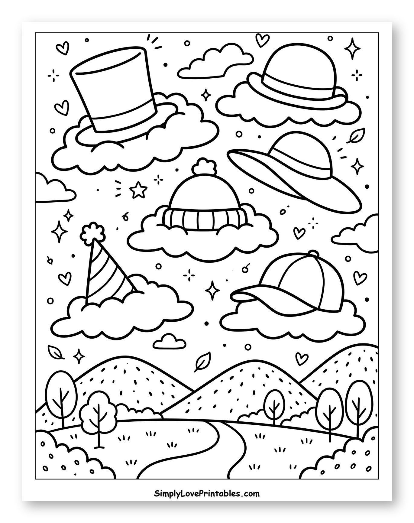 Whimsical Hats and Rolling Hills to Color for Adults