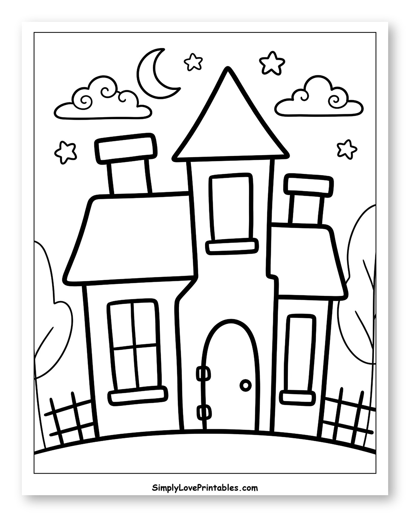 Whimsical Haunted House Under Moon and Stars Coloring Sheet for Toddlers