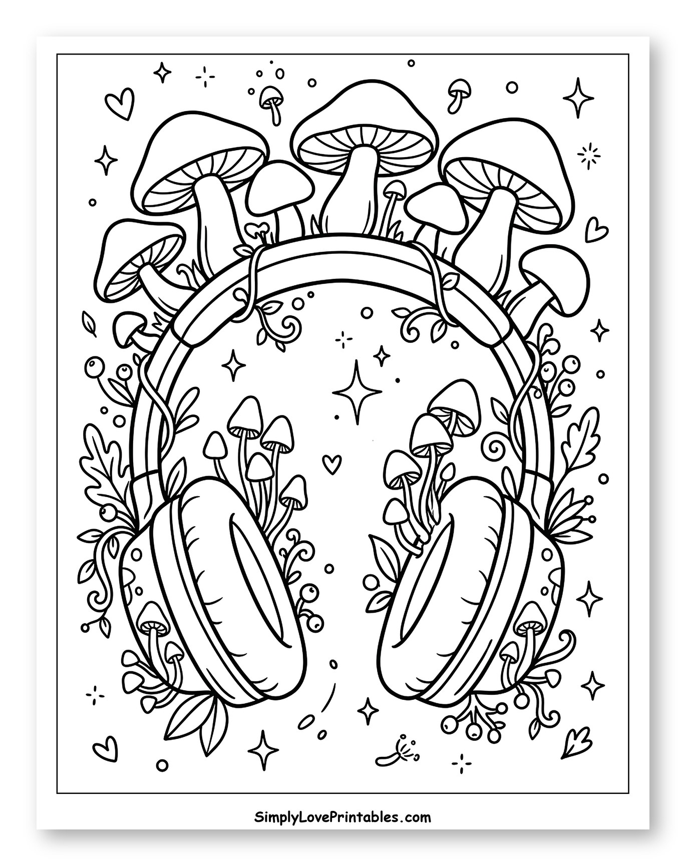 Whimsical Headphones with Mushrooms, Vines, and Berries to Color for Adults